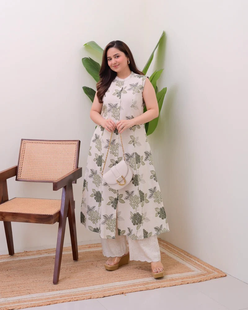 Elegant Floral Printed Sleeveless Long Kurti for Women