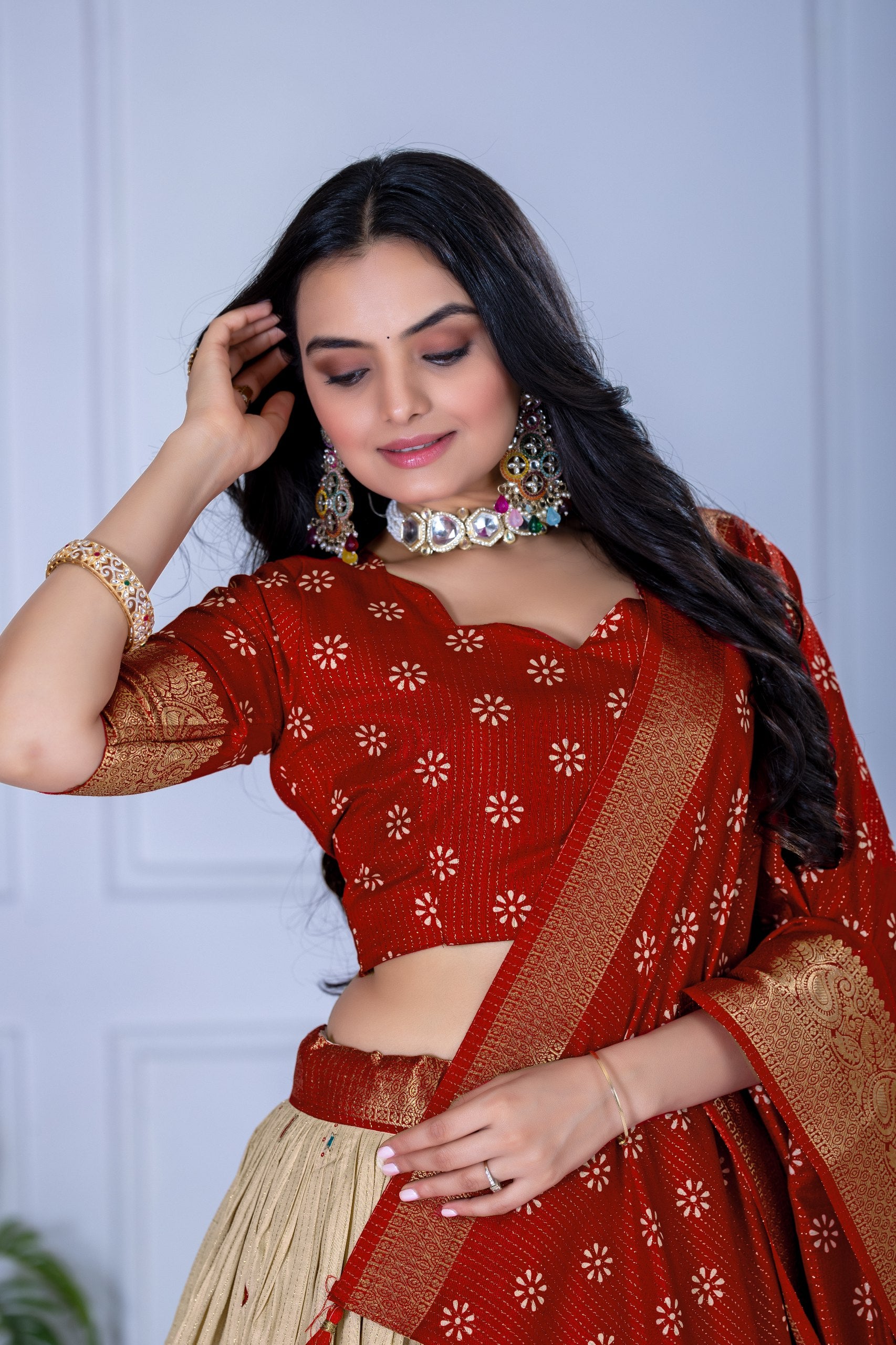 Red & Beige Lehenga Choli Set with Elegant Embroidery– Traditional Wear