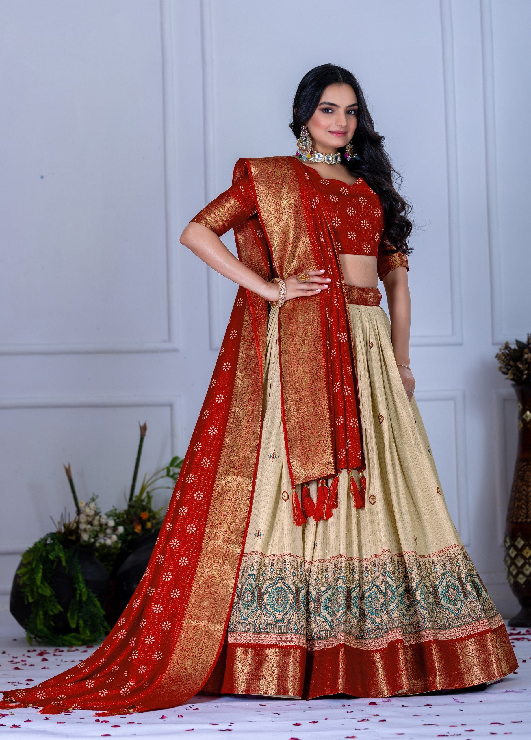 Red & Beige Lehenga Choli Set with Elegant Embroidery– Traditional Wear