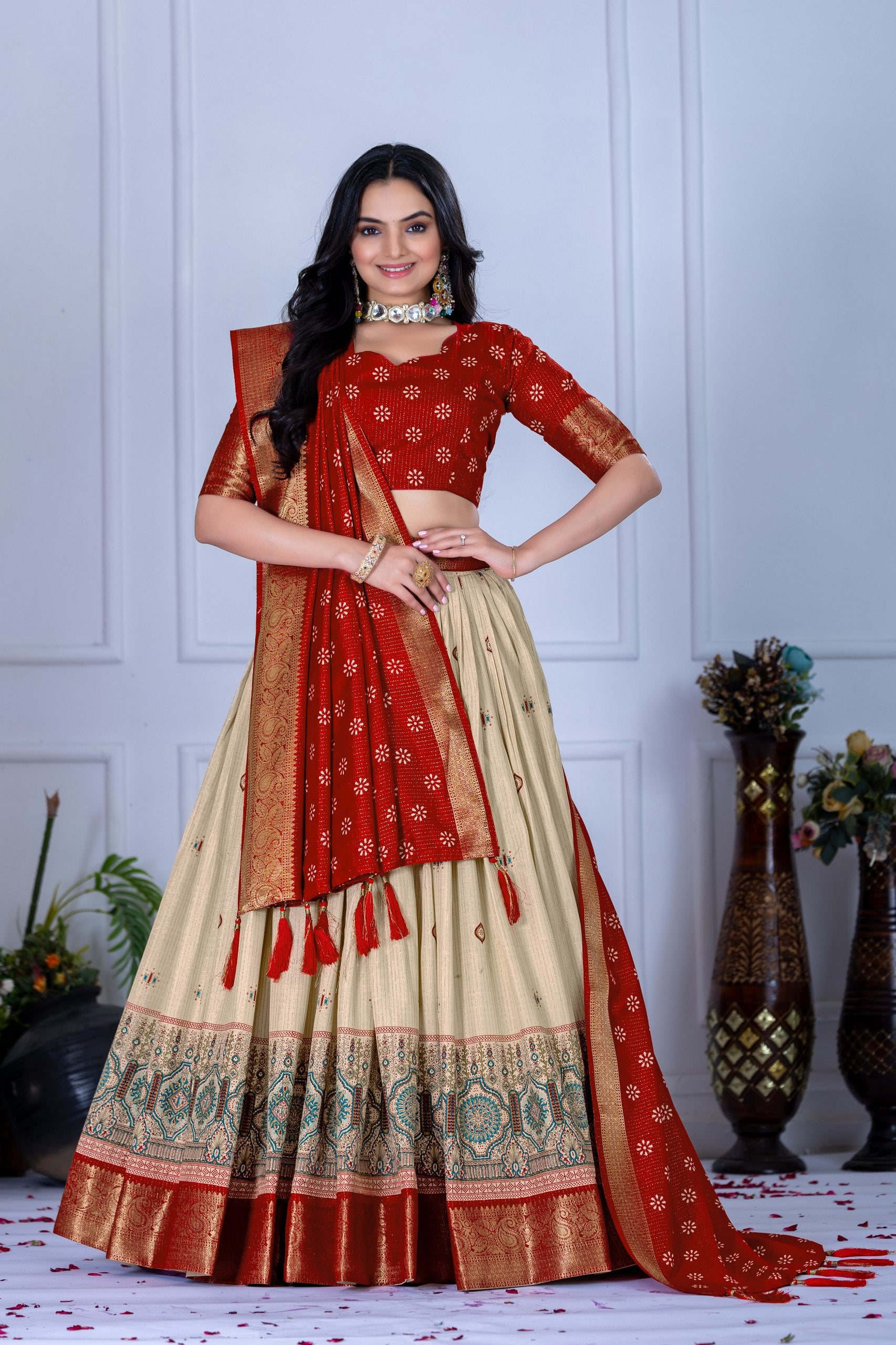 Red & Beige Lehenga Choli Set with Elegant Embroidery– Traditional Wear