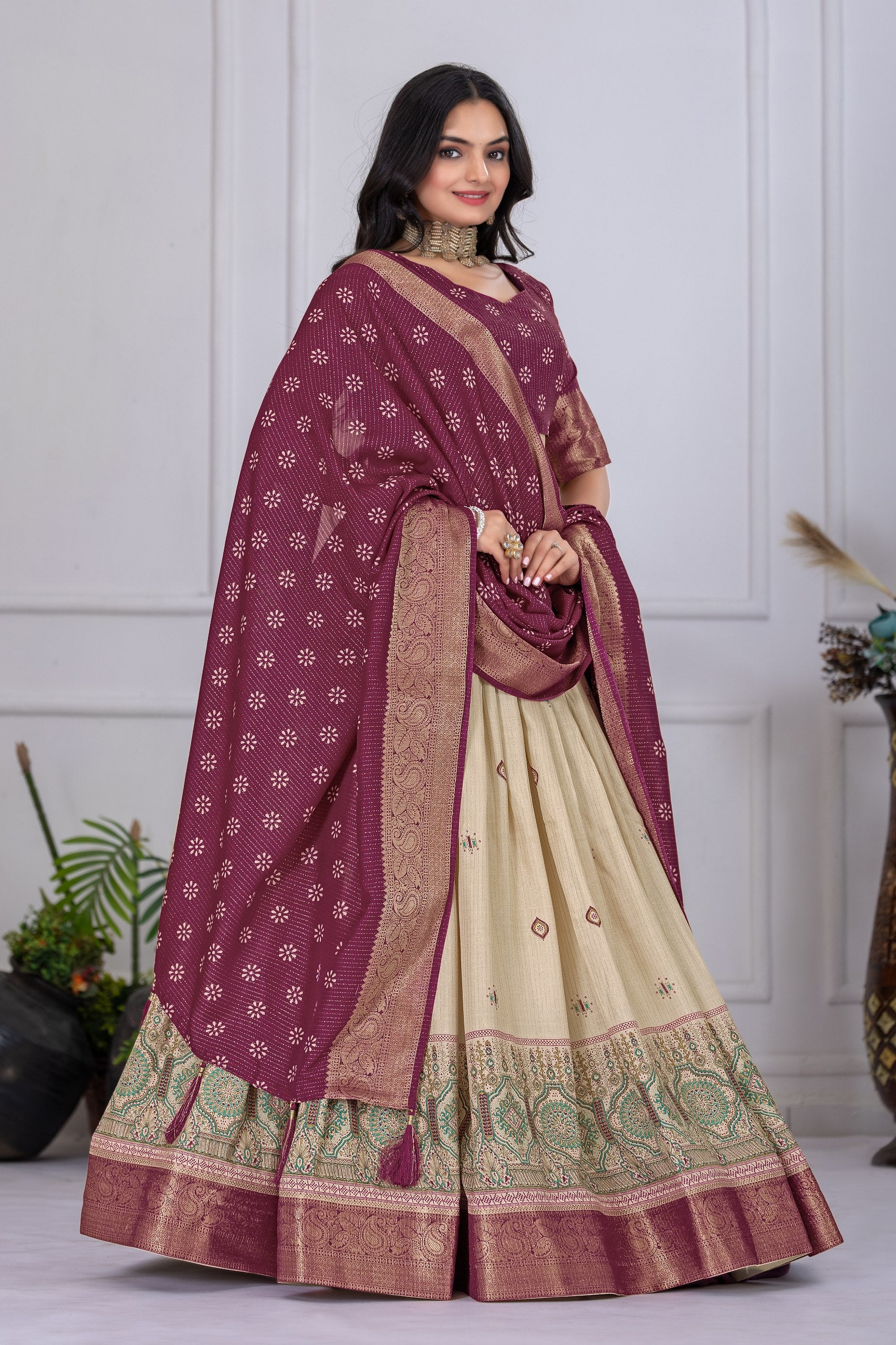 Magenta & Beige Lehenga Choli Set with Dupatta – Traditional Wear