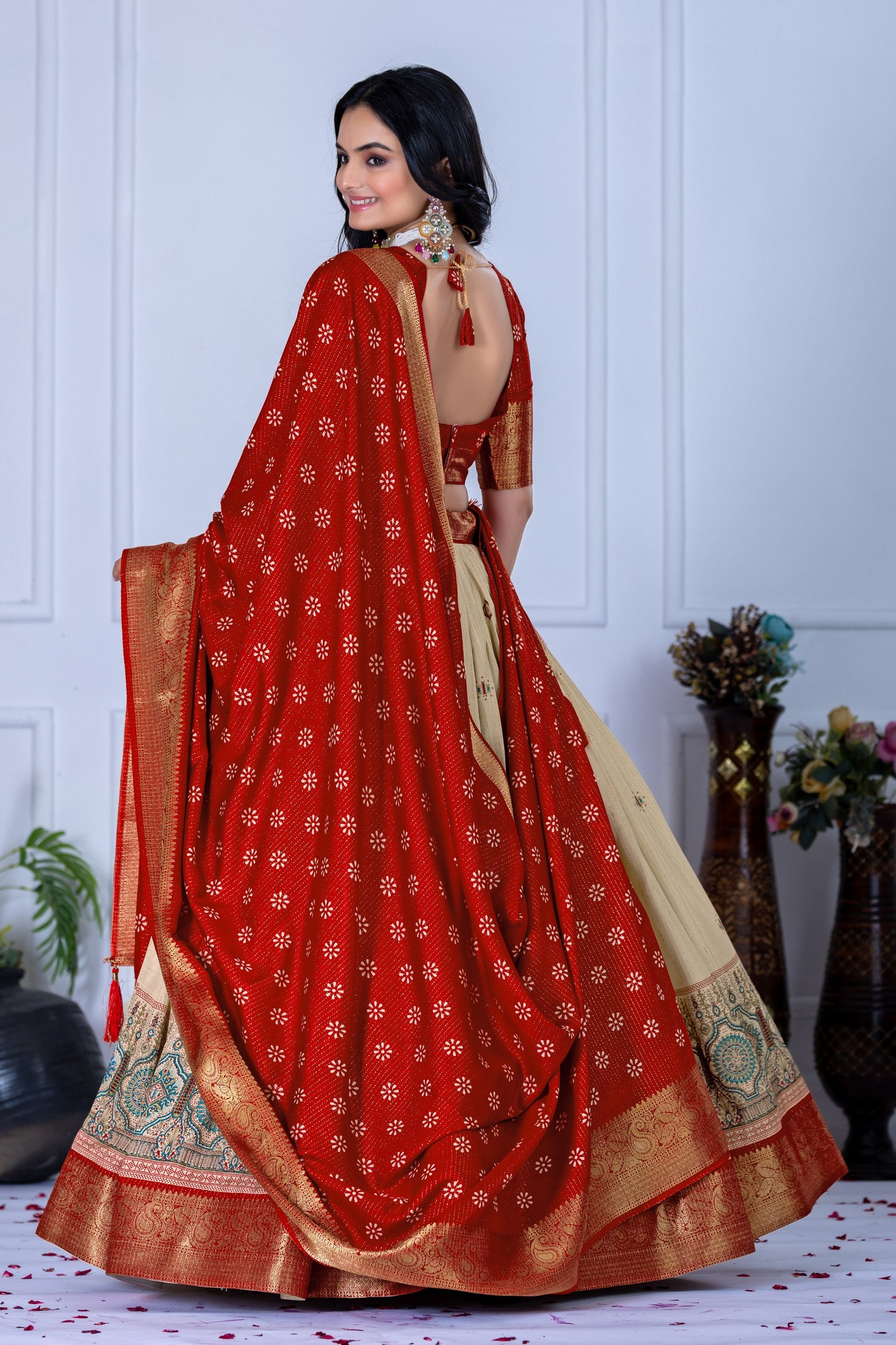 Red & Beige Lehenga Choli Set with Elegant Embroidery– Traditional Wear