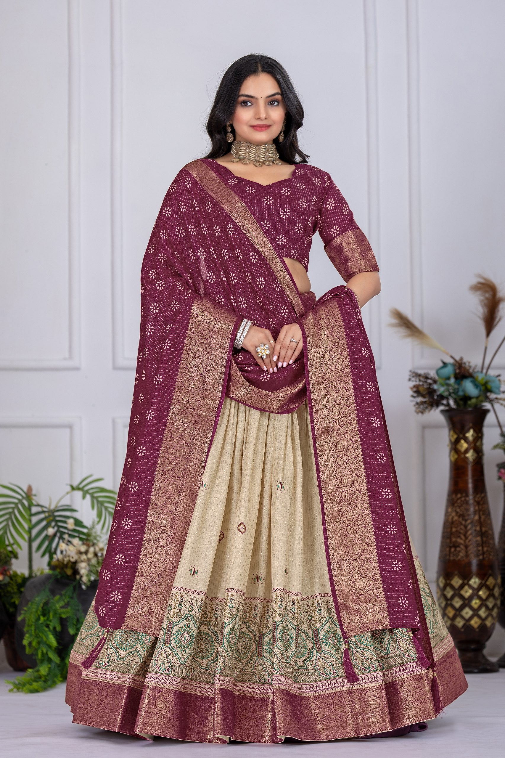 Magenta & Beige Lehenga Choli Set with Dupatta – Traditional Wear