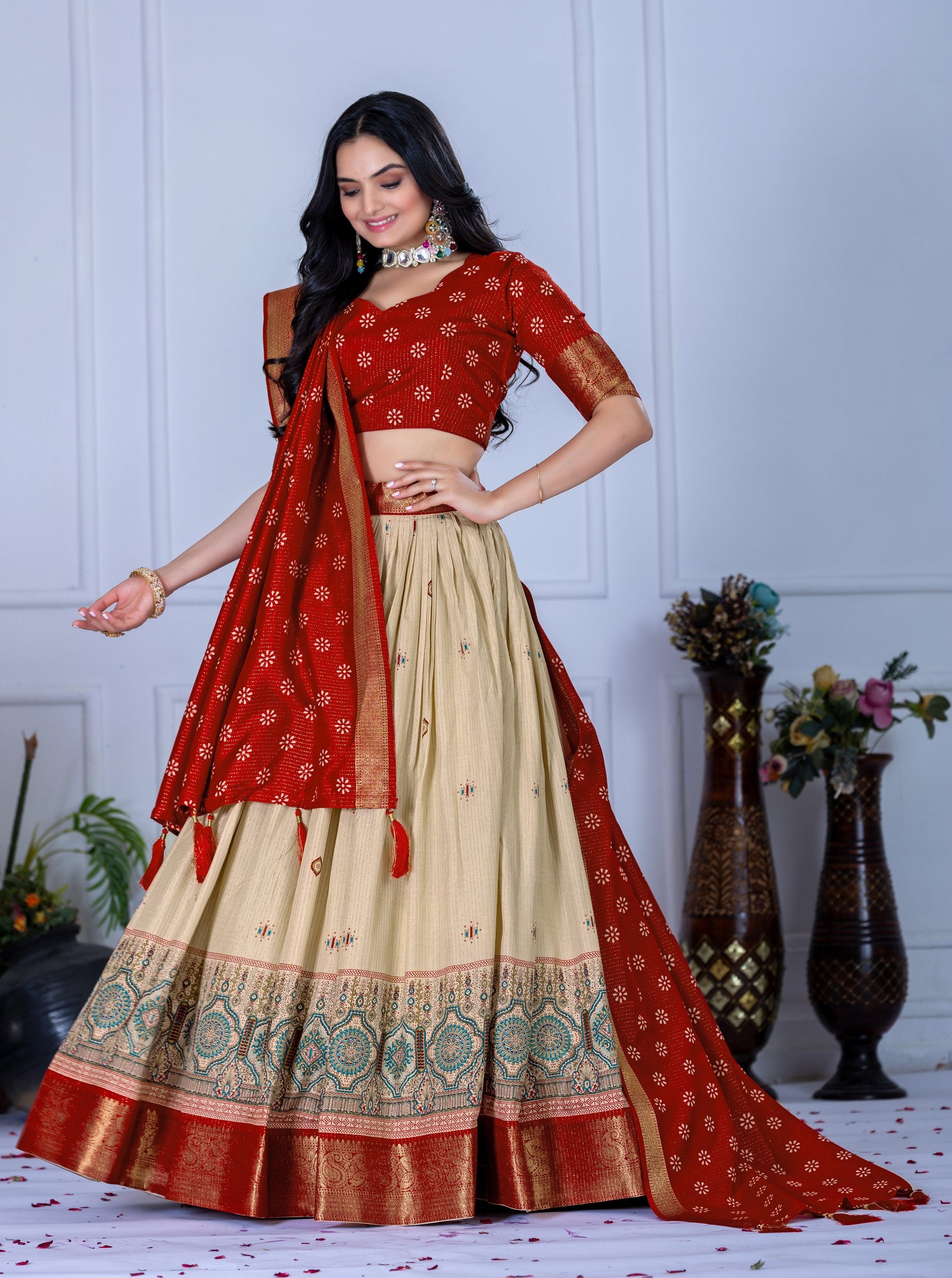 Red & Beige Lehenga Choli Set with Elegant Embroidery– Traditional Wear