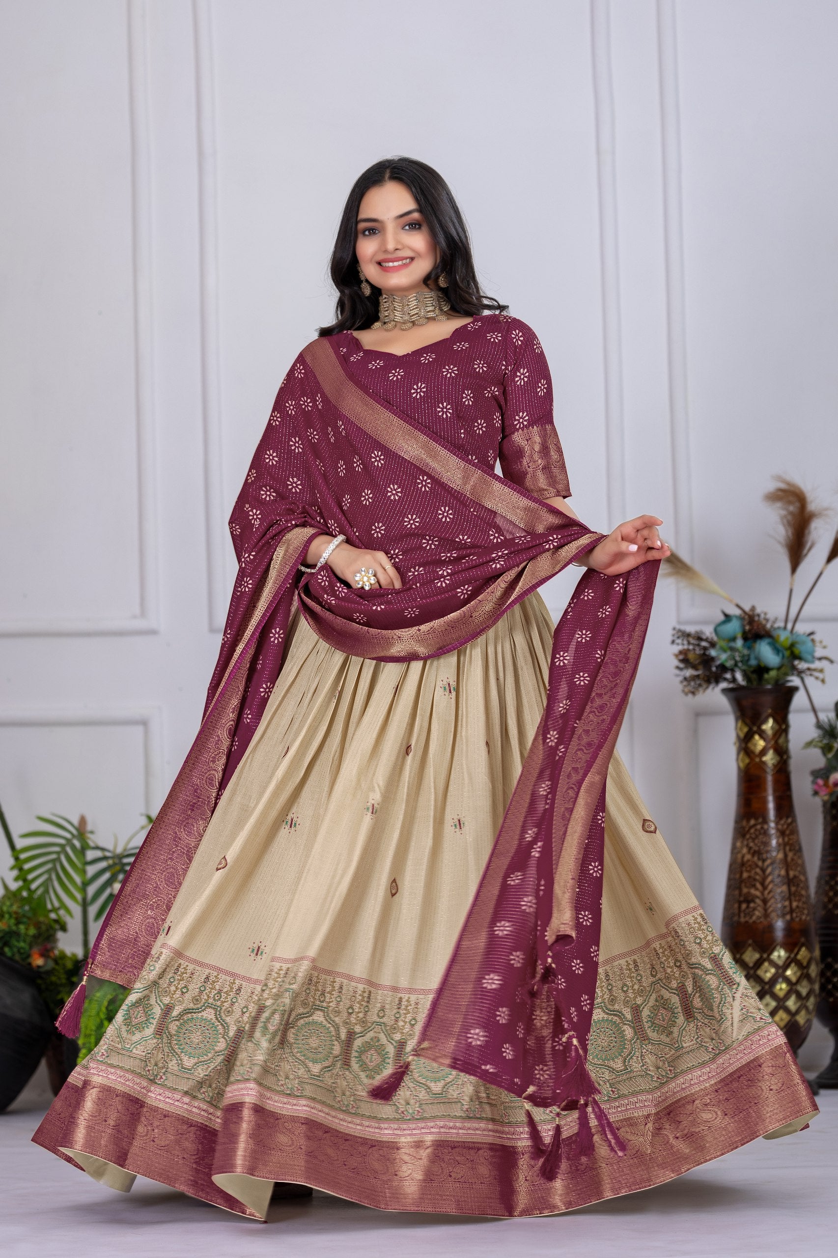 Magenta & Beige Lehenga Choli Set with Dupatta – Traditional Wear