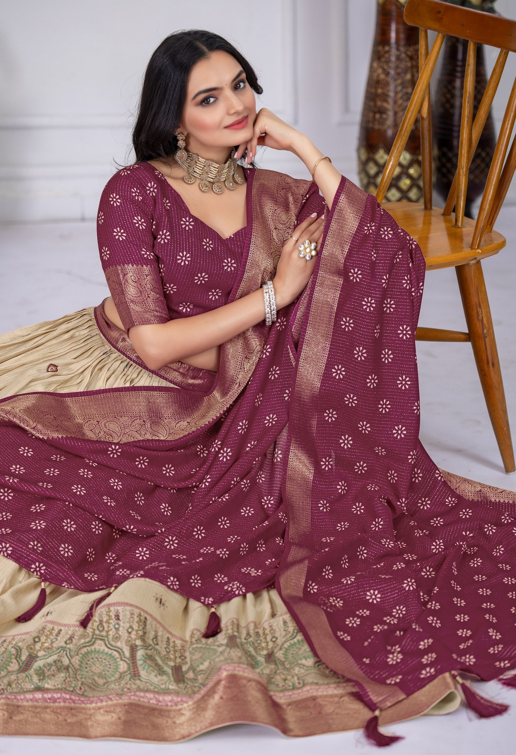Magenta & Beige Lehenga Choli Set with Dupatta – Traditional Wear
