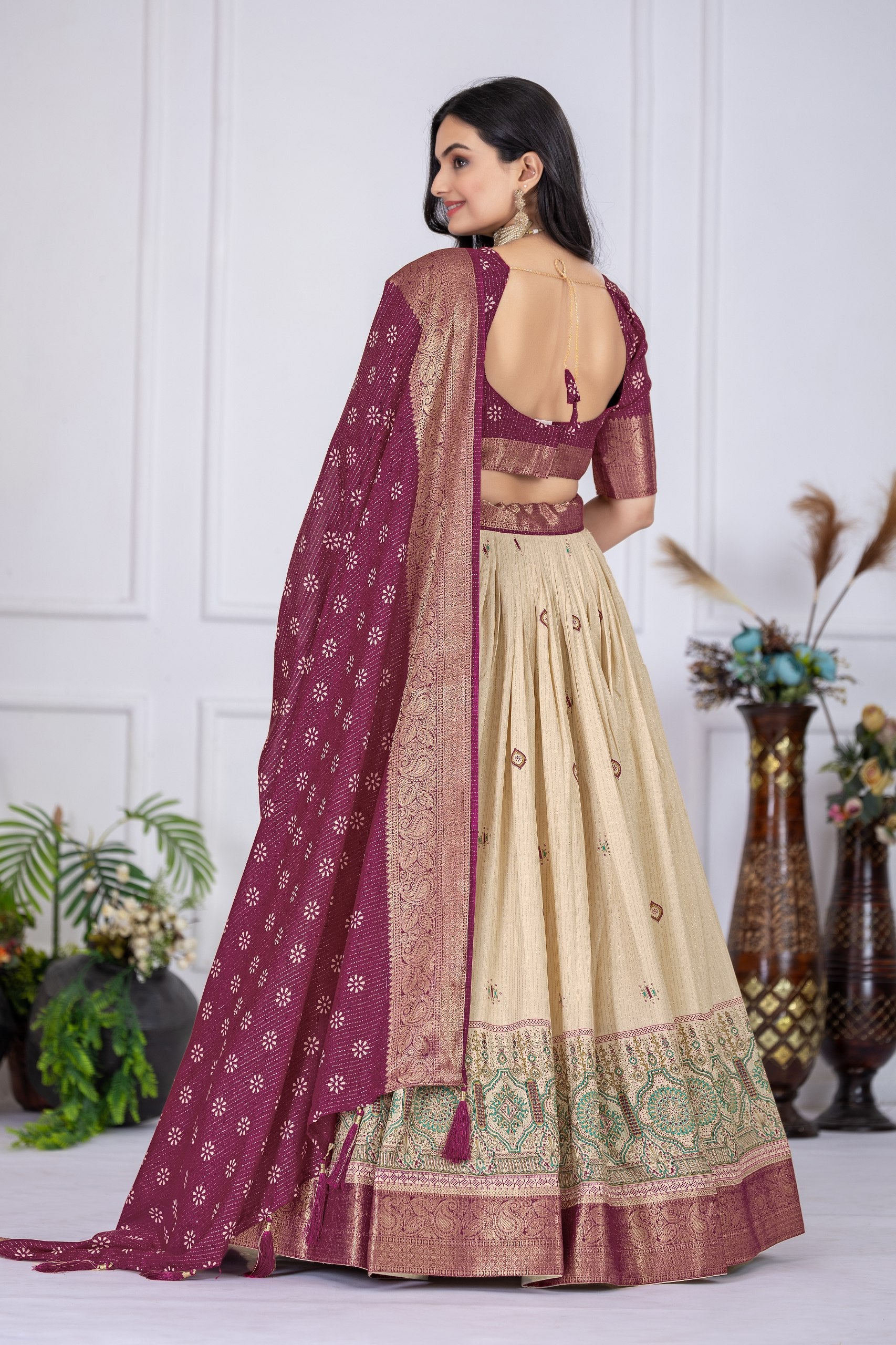 Magenta & Beige Lehenga Choli Set with Dupatta – Traditional Wear
