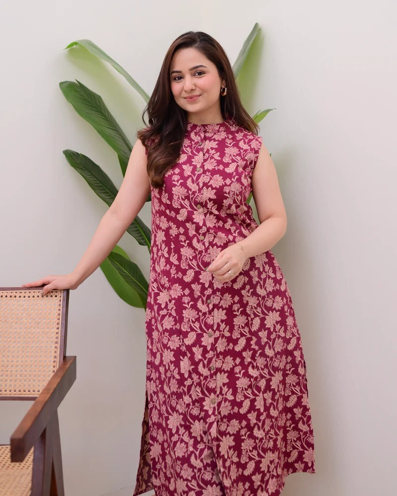 Elegant Floral Printed Sleeveless Long Kurti for Women