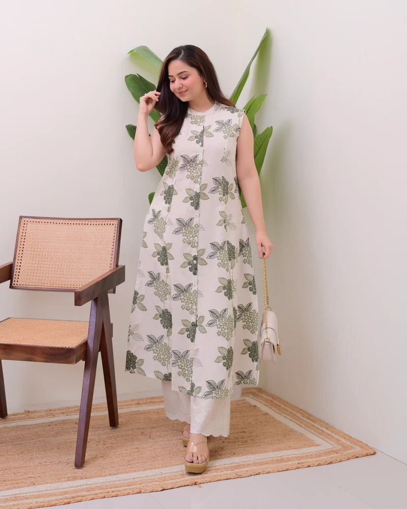 Elegant Floral Printed Sleeveless Long Kurti for Women