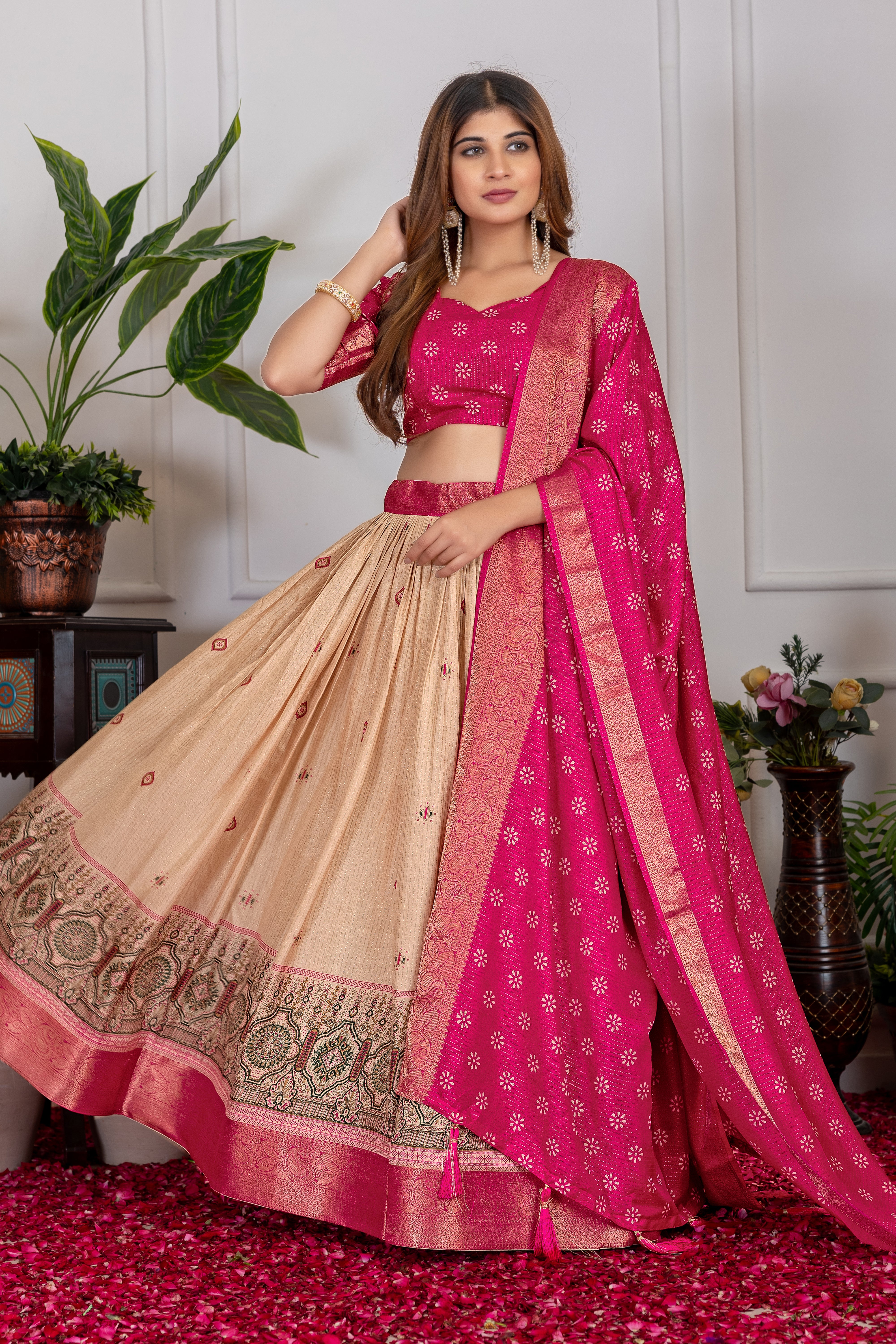 Pink & Beige Lehenga Choli Set with Zari Weave Dupatta – Traditional Wear