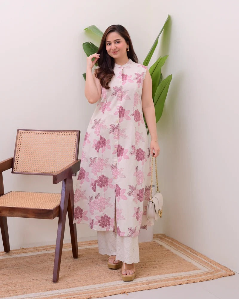 Elegant Floral Printed Sleeveless Long Kurti for Women
