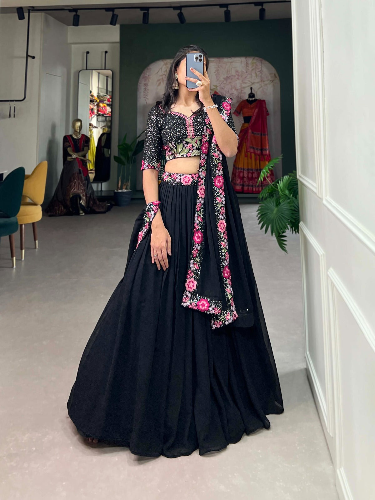 Elegant Black Floral Embroidered Lehenga Set
