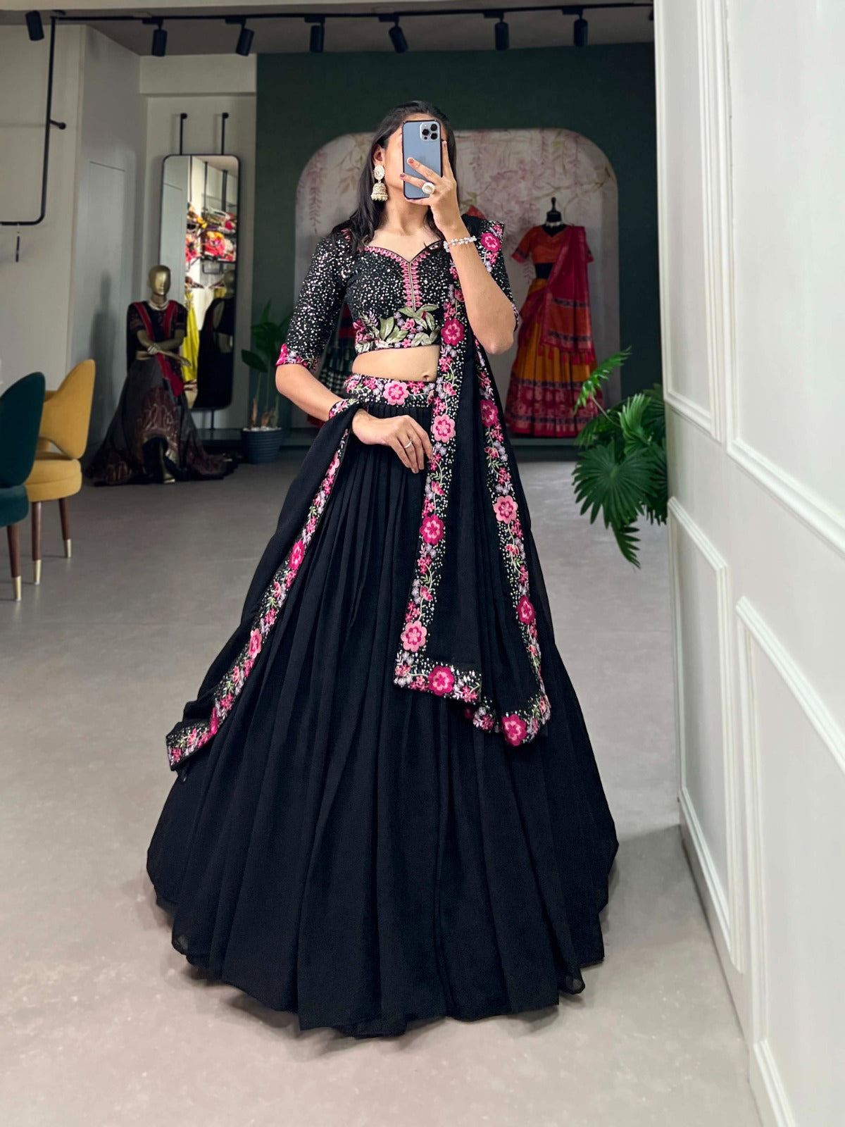 Elegant Black Floral Embroidered Lehenga Set