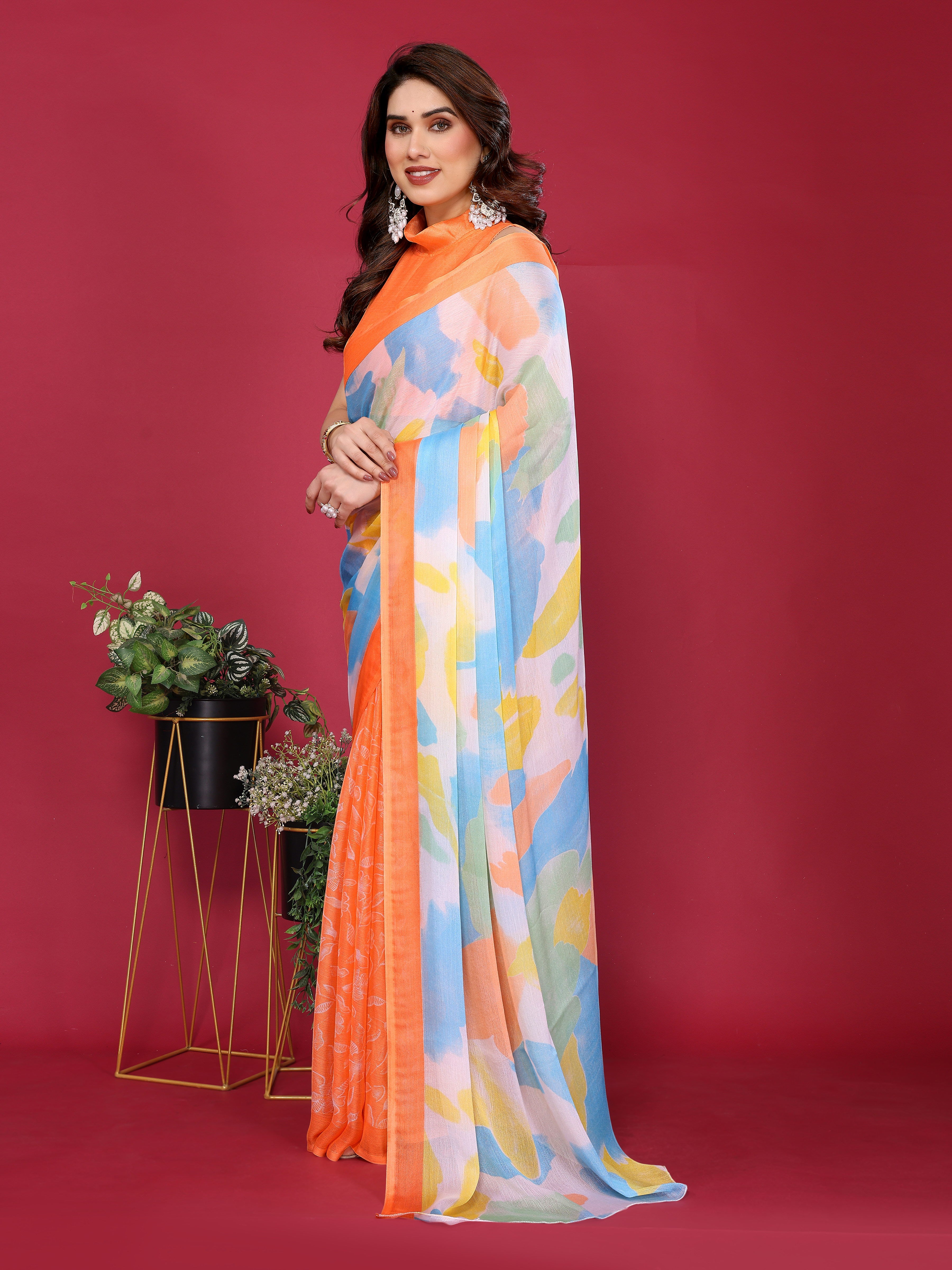 Elegant Grey Digital Printed Georgette Saree with Colorful Floral Design