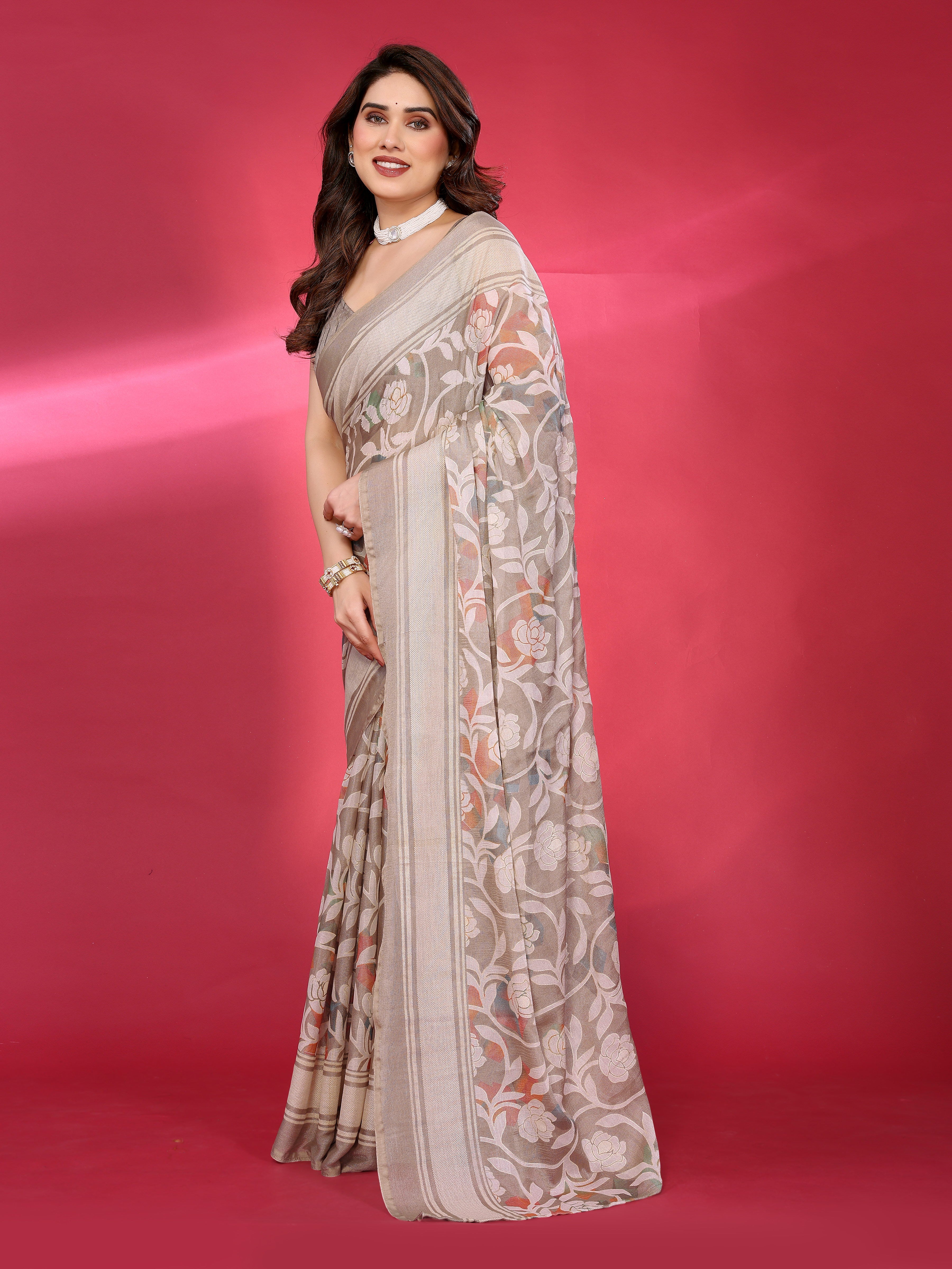 Elegant Beige Floral Woven Saree