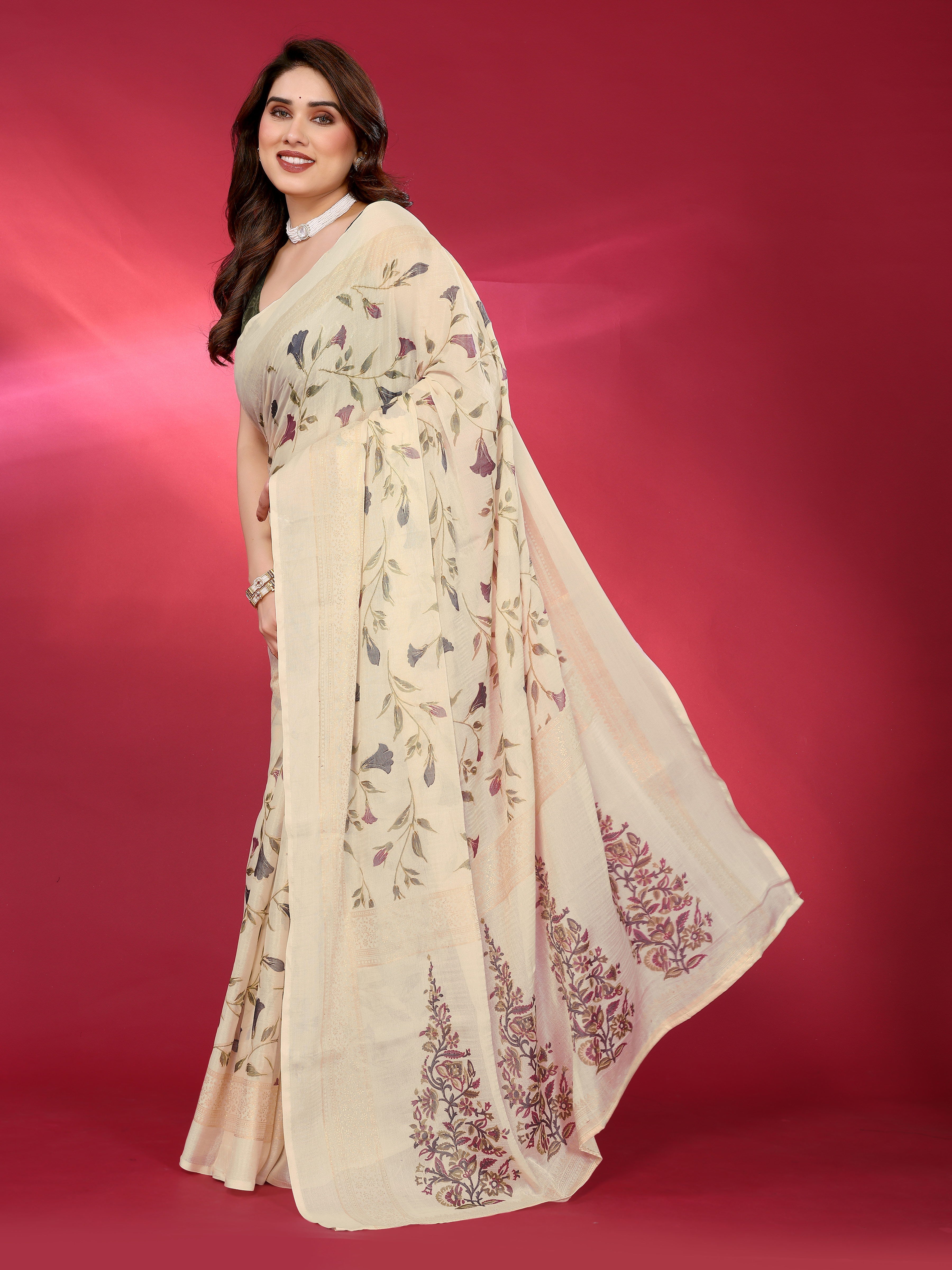 Ivory Cream Floral Print Saree