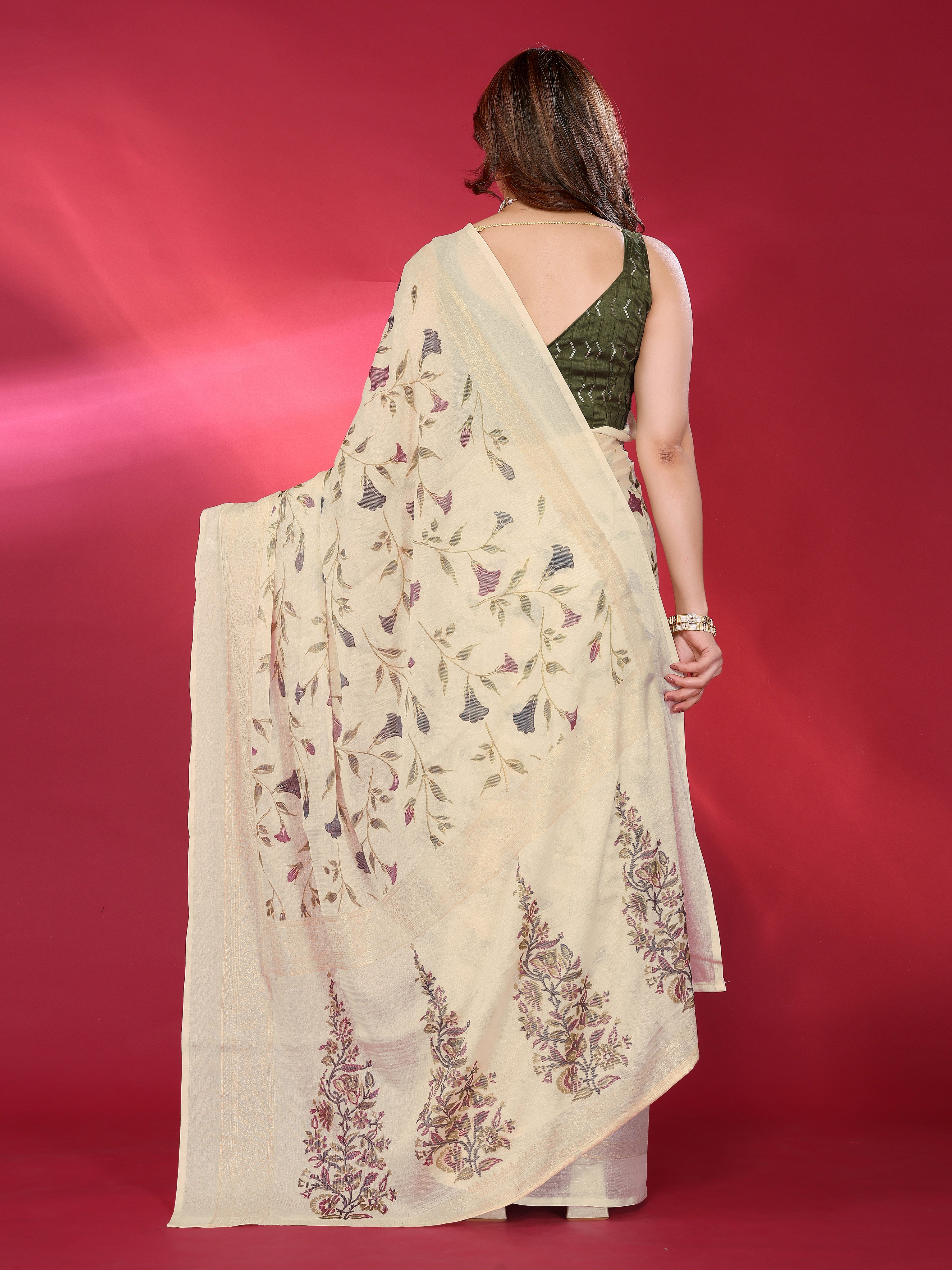 Ivory Cream Floral Print Saree