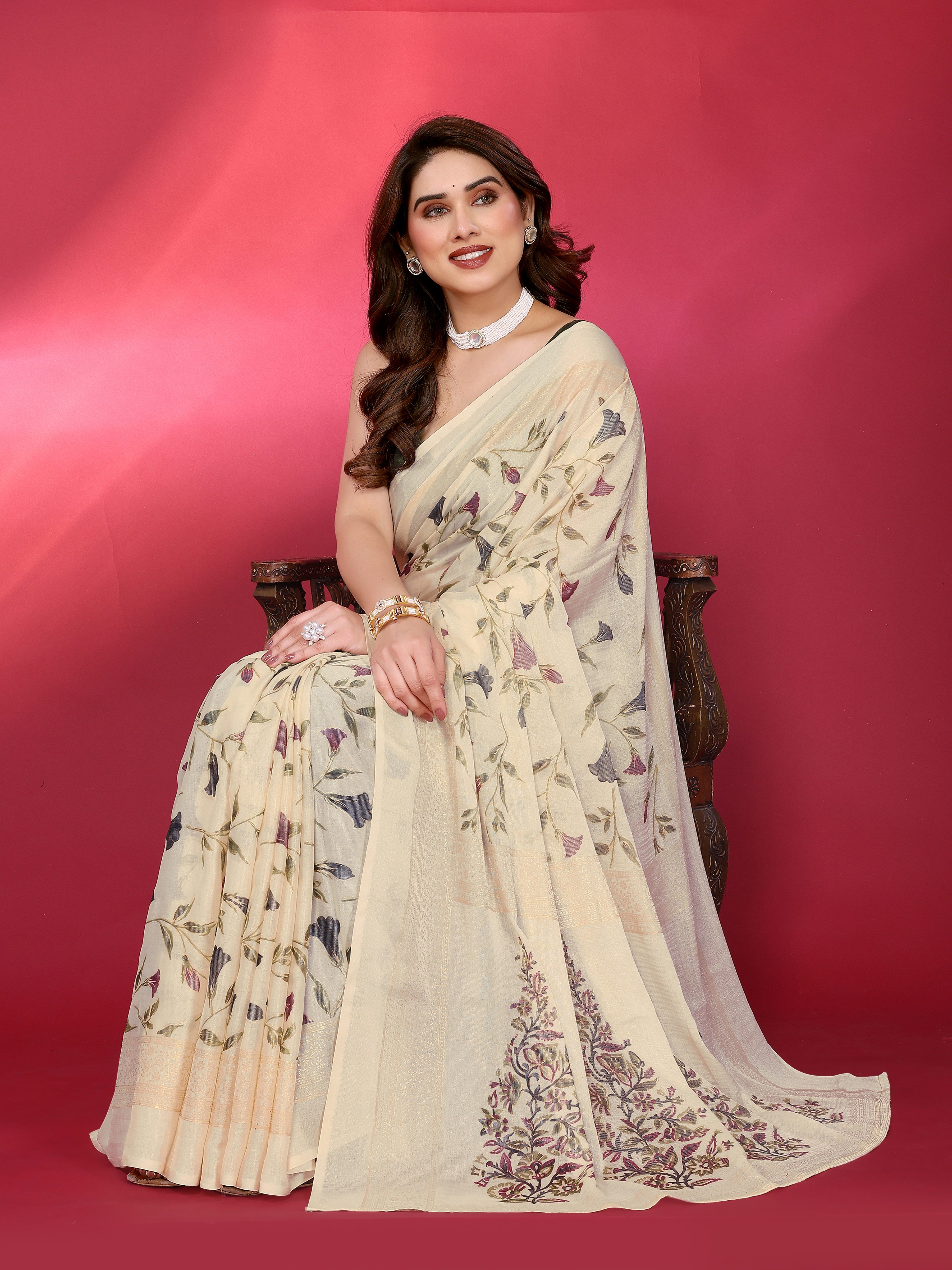 Ivory Cream Floral Print Saree