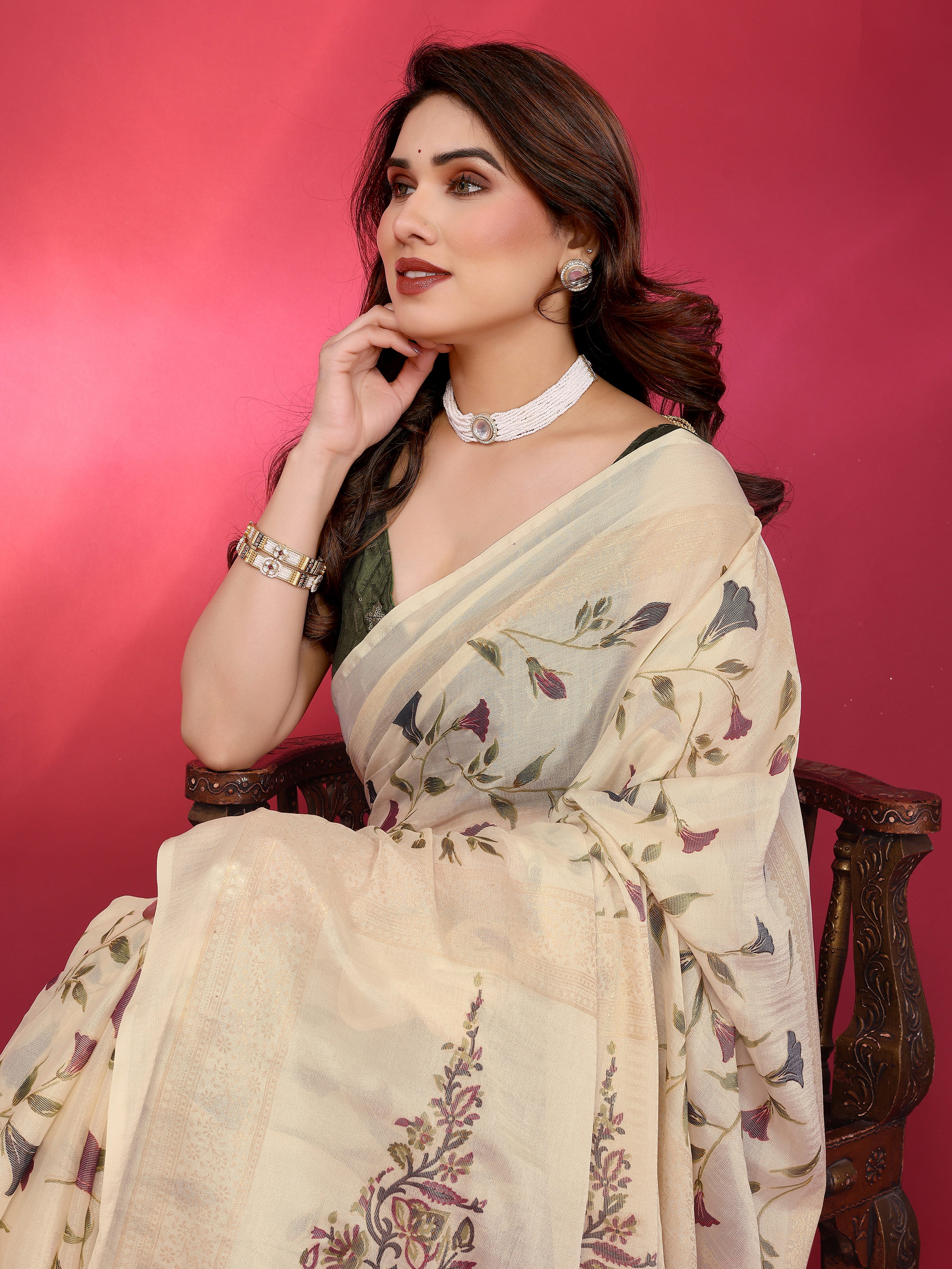 Ivory Cream Floral Print Saree