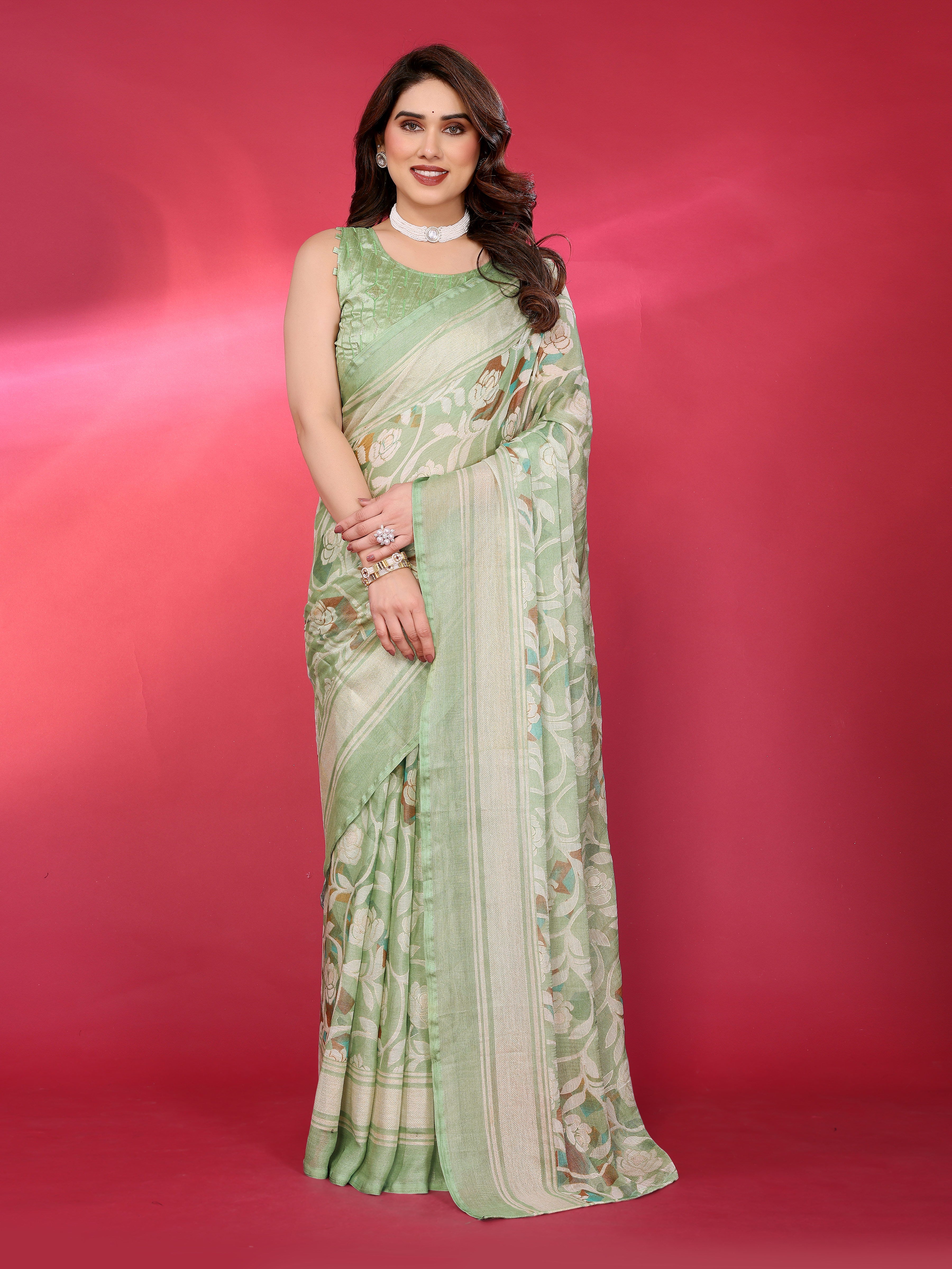 Pastel Green Floral Weave Saree
