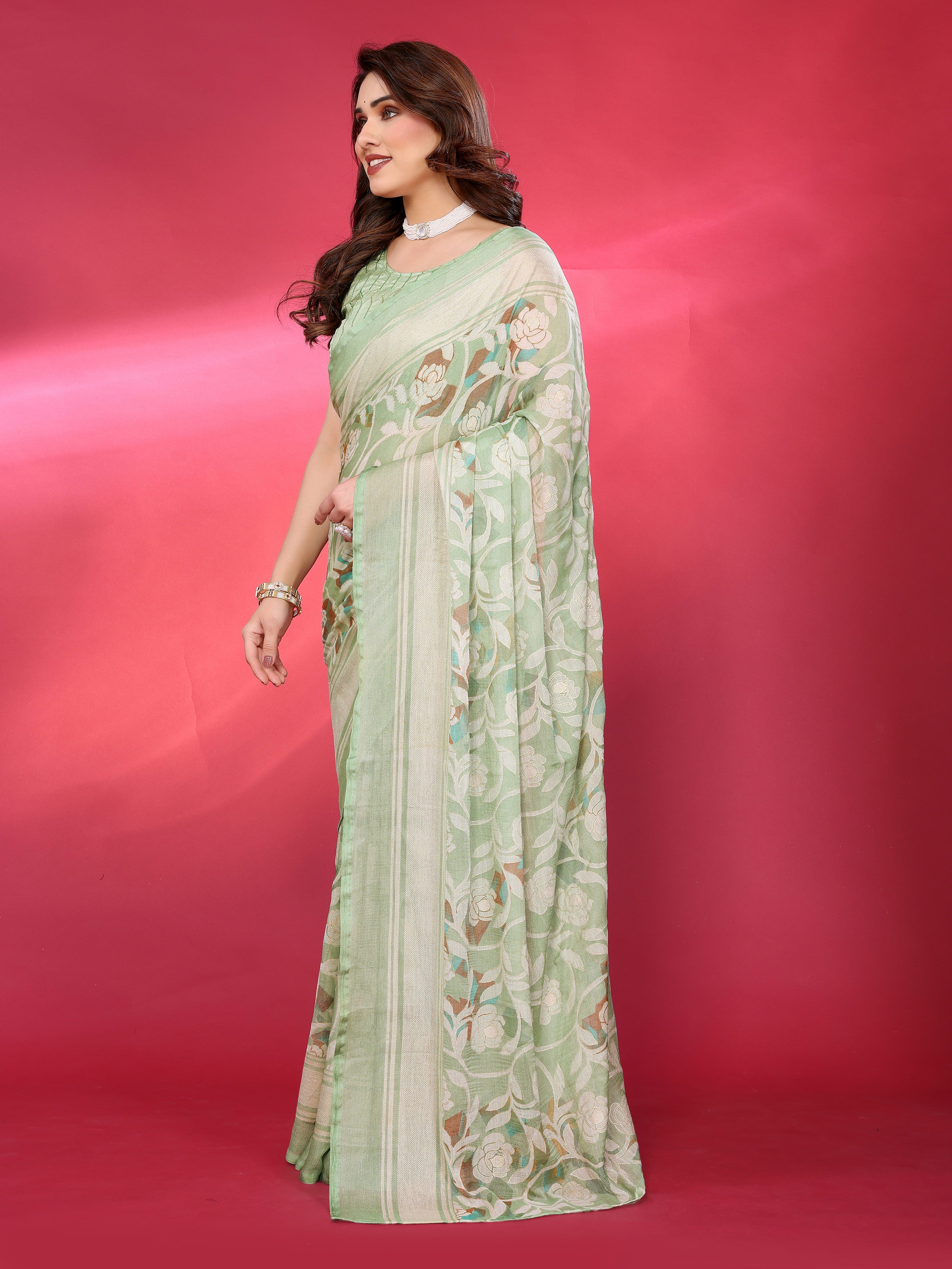 Pastel Green Floral Weave Saree