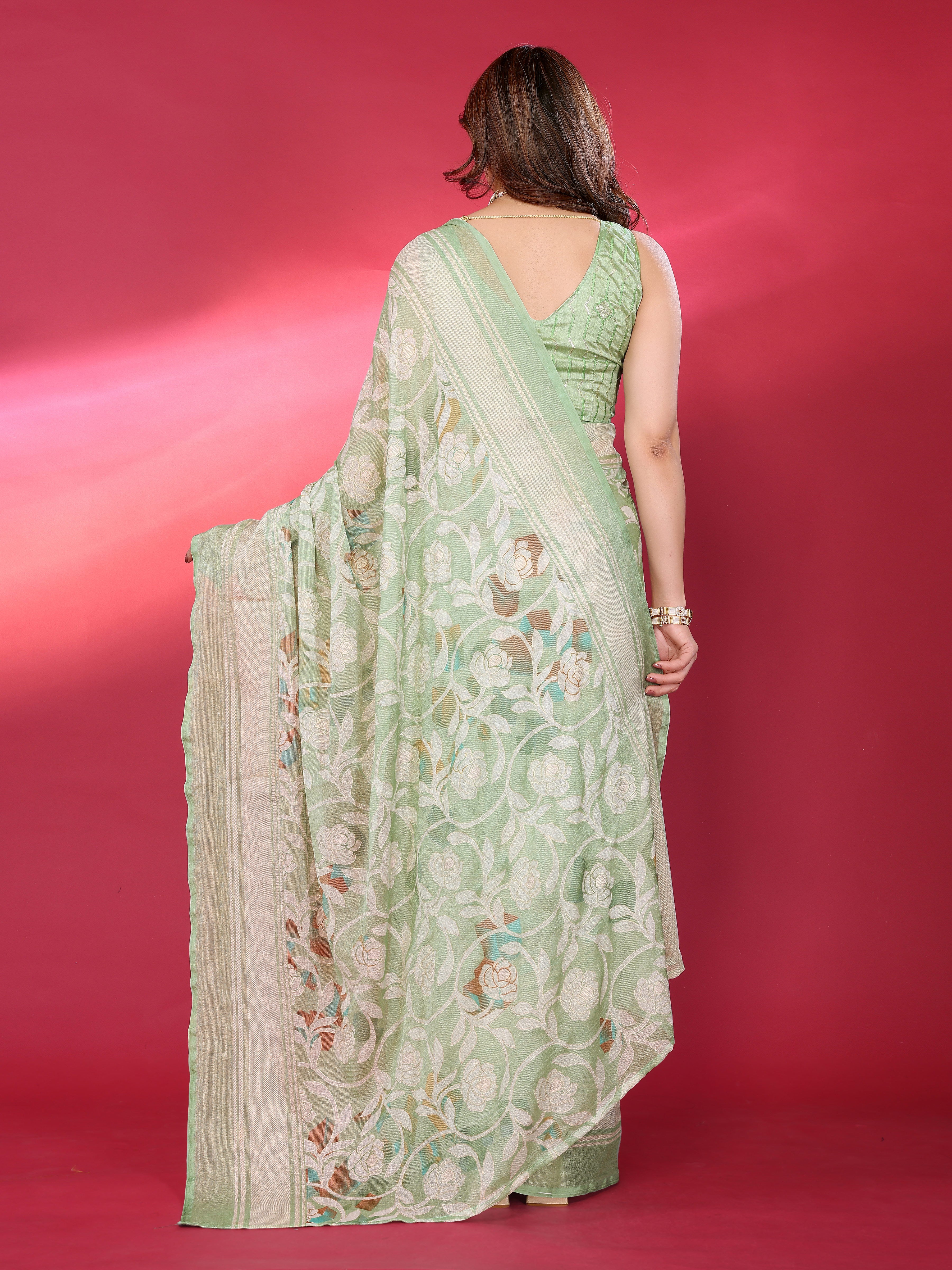 Pastel Green Floral Weave Saree
