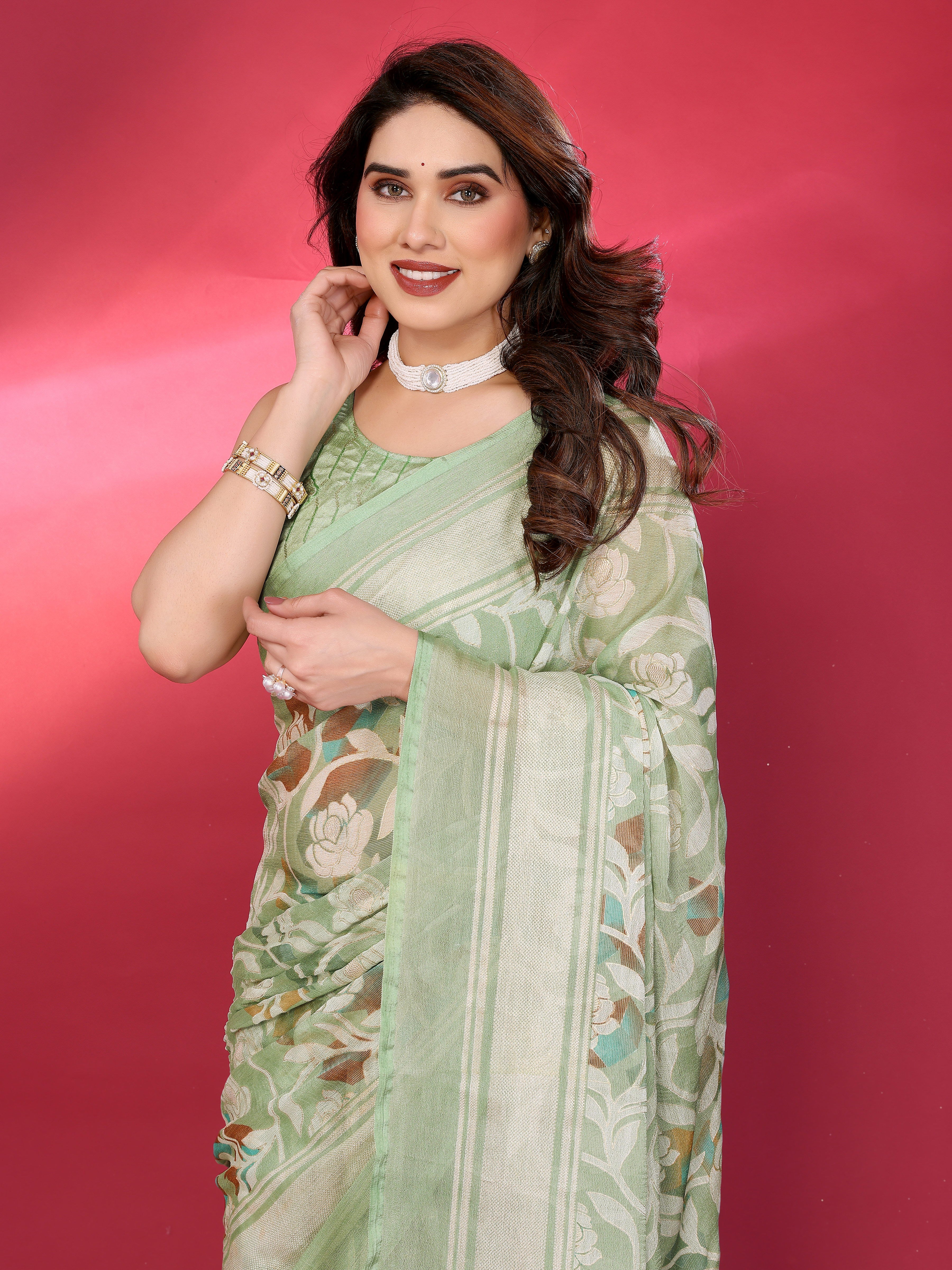 Pastel Green Floral Weave Saree