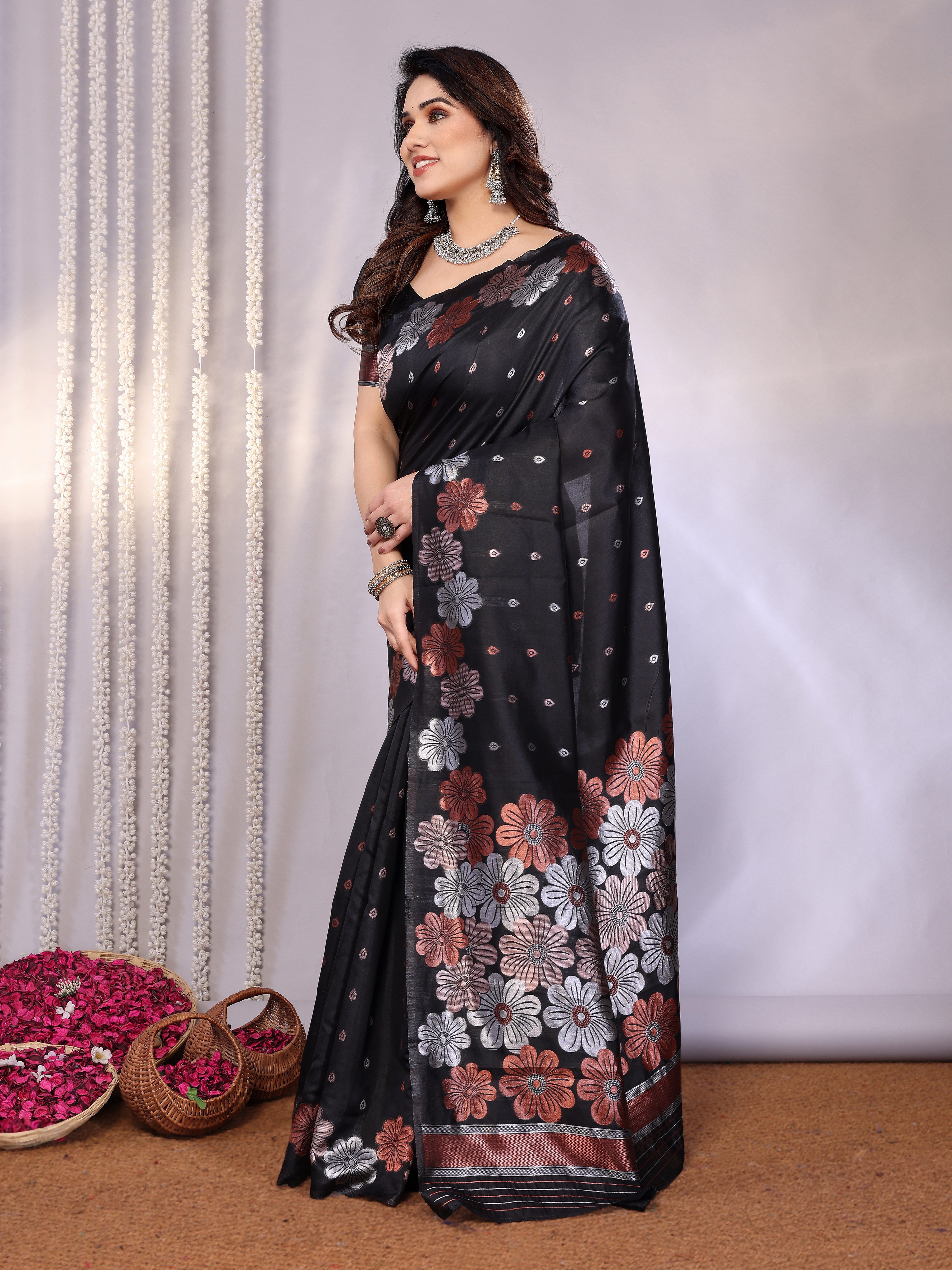 Grace in Black – Floral Zari Work Silk Saree