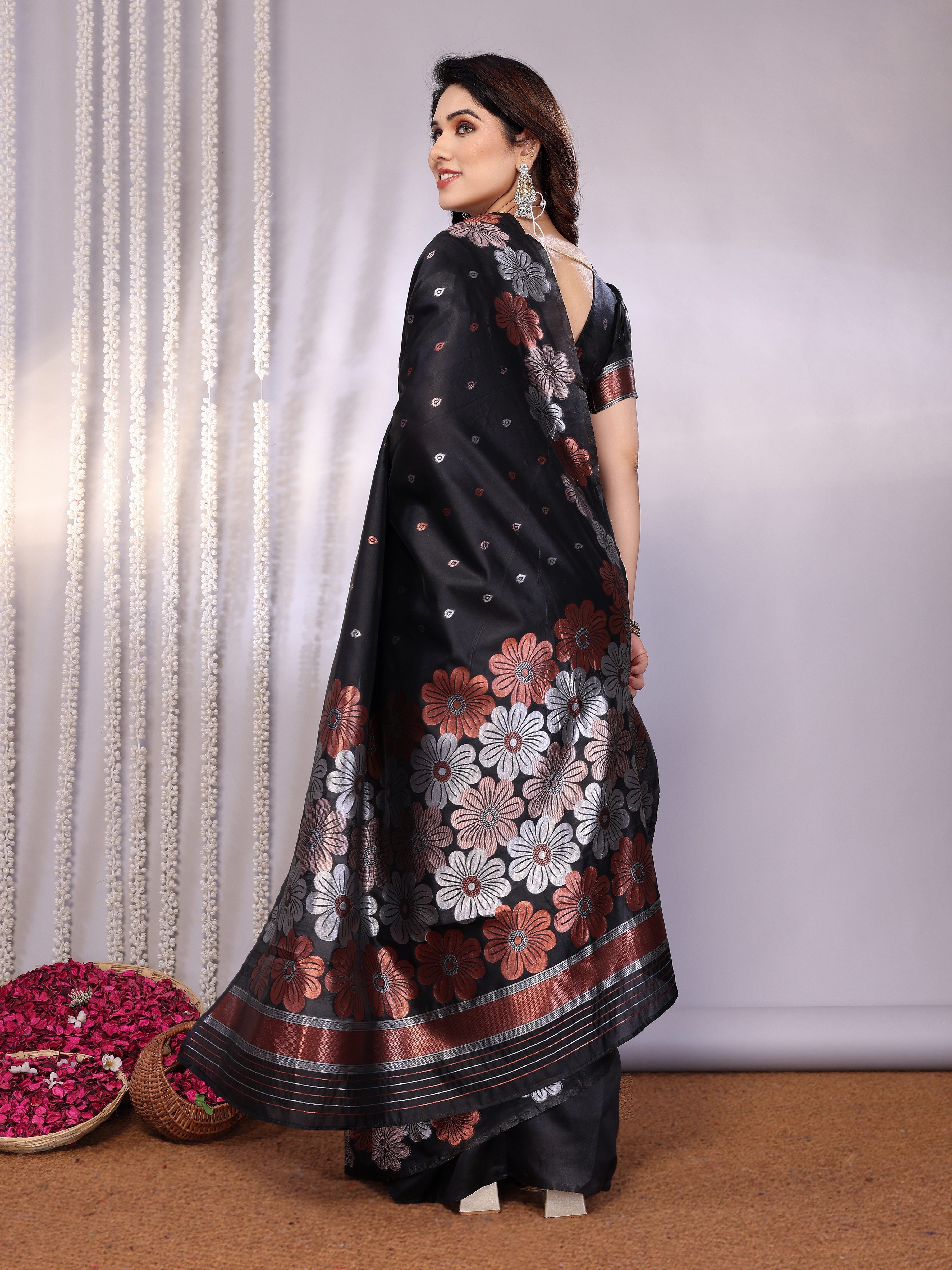 Grace in Black – Floral Zari Work Silk Saree
