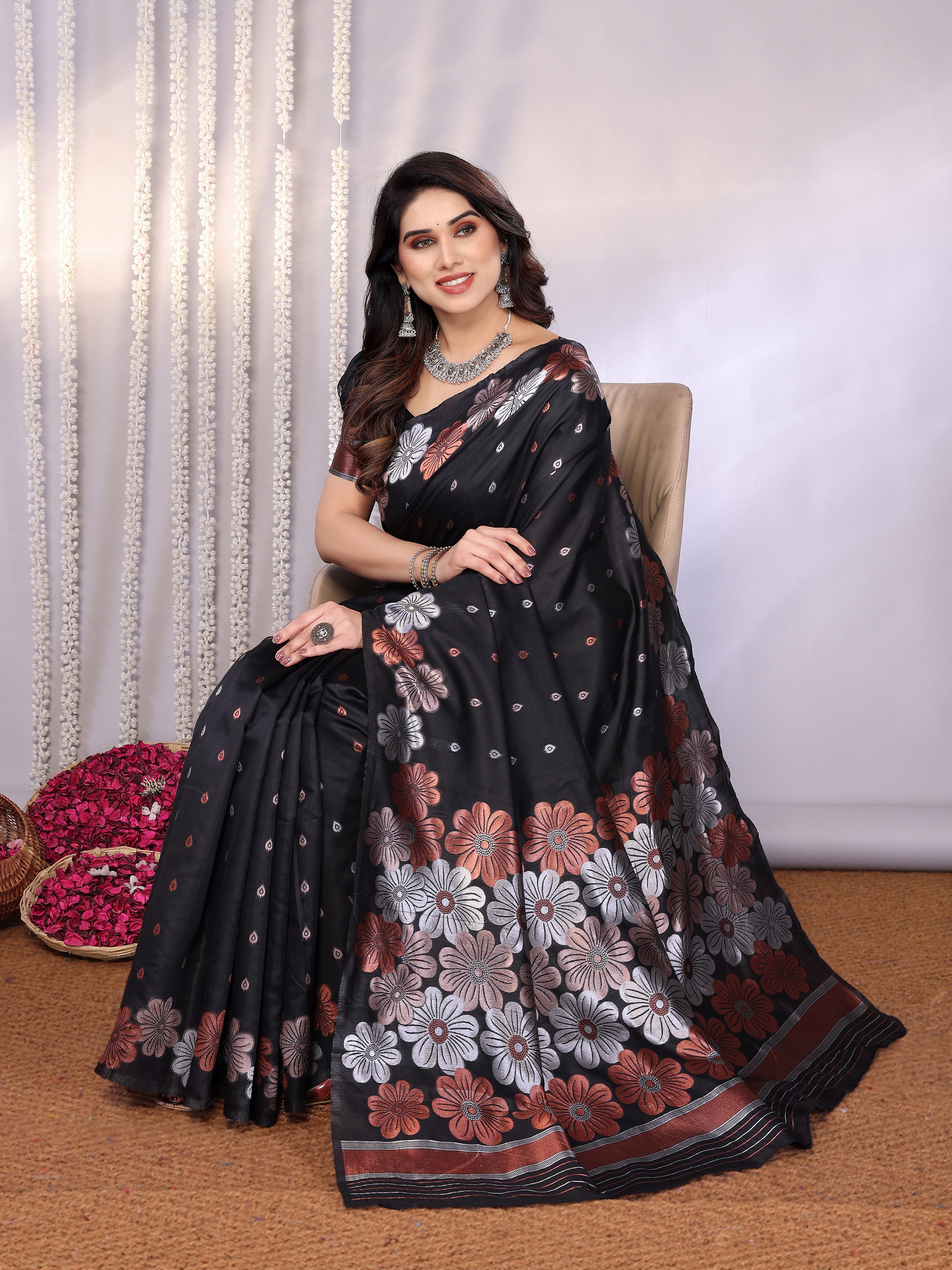 Grace in Black – Floral Zari Work Silk Saree