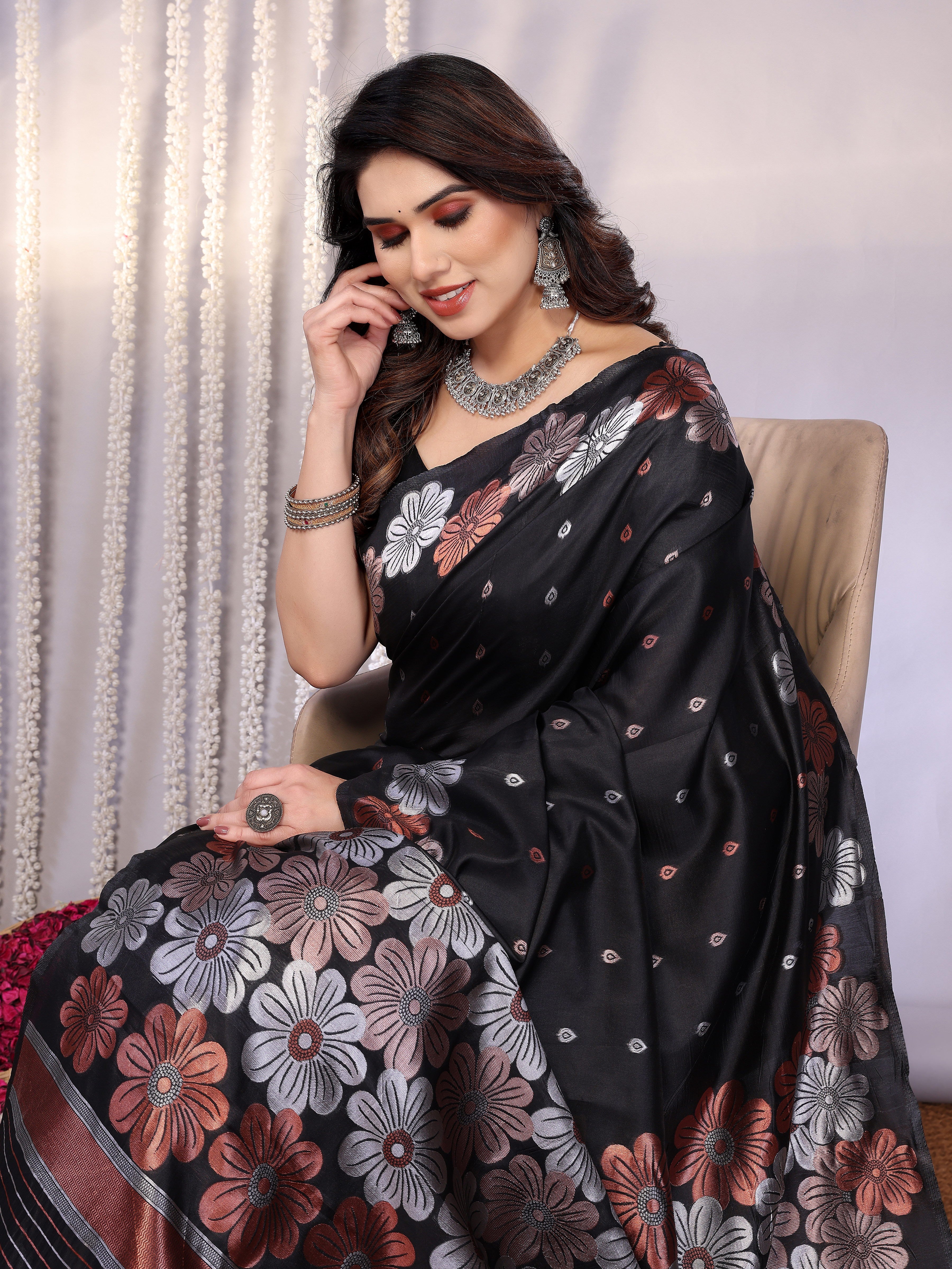 Grace in Black – Floral Zari Work Silk Saree