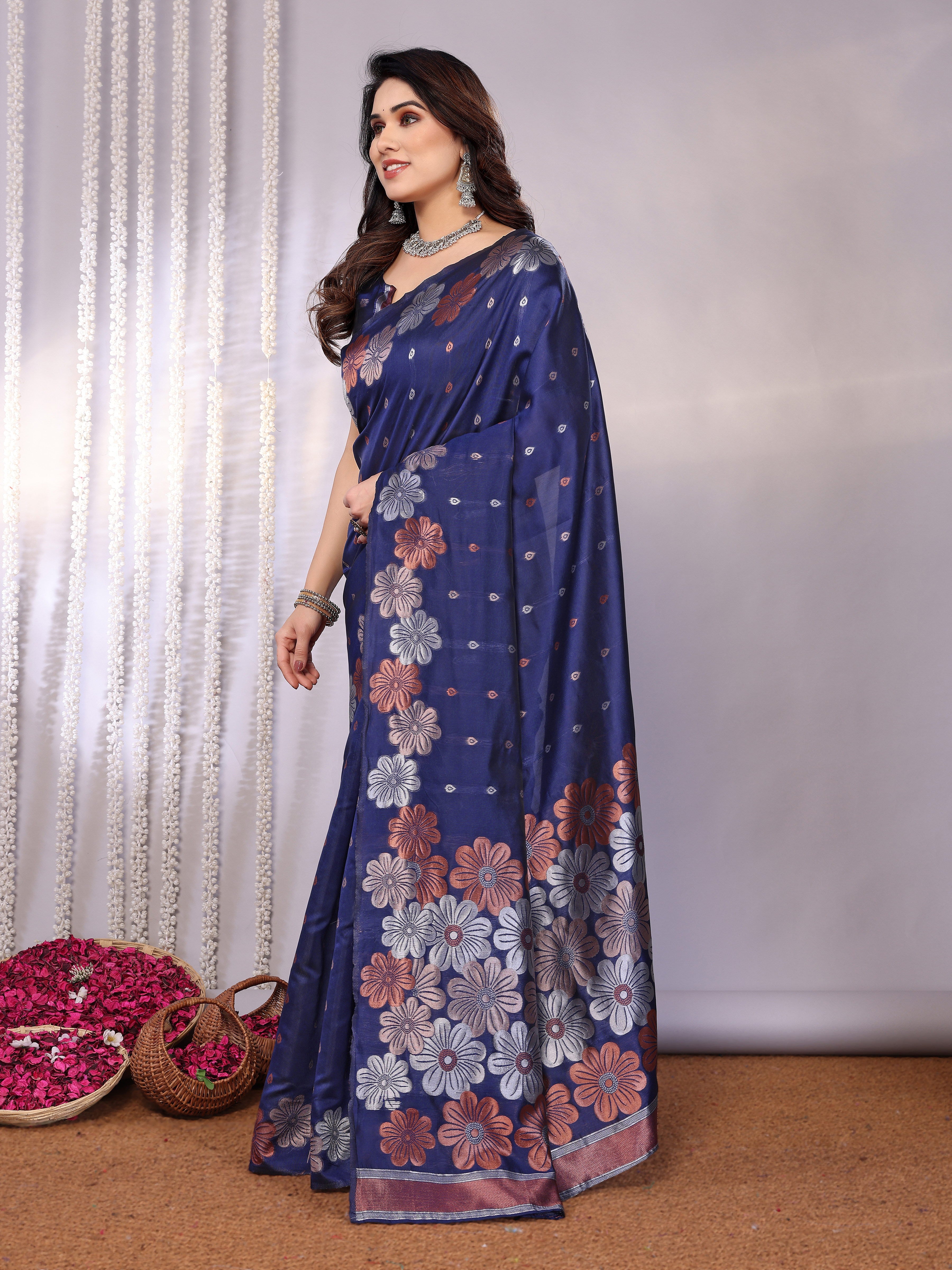 Elegant Navy Blue Floral Woven Saree