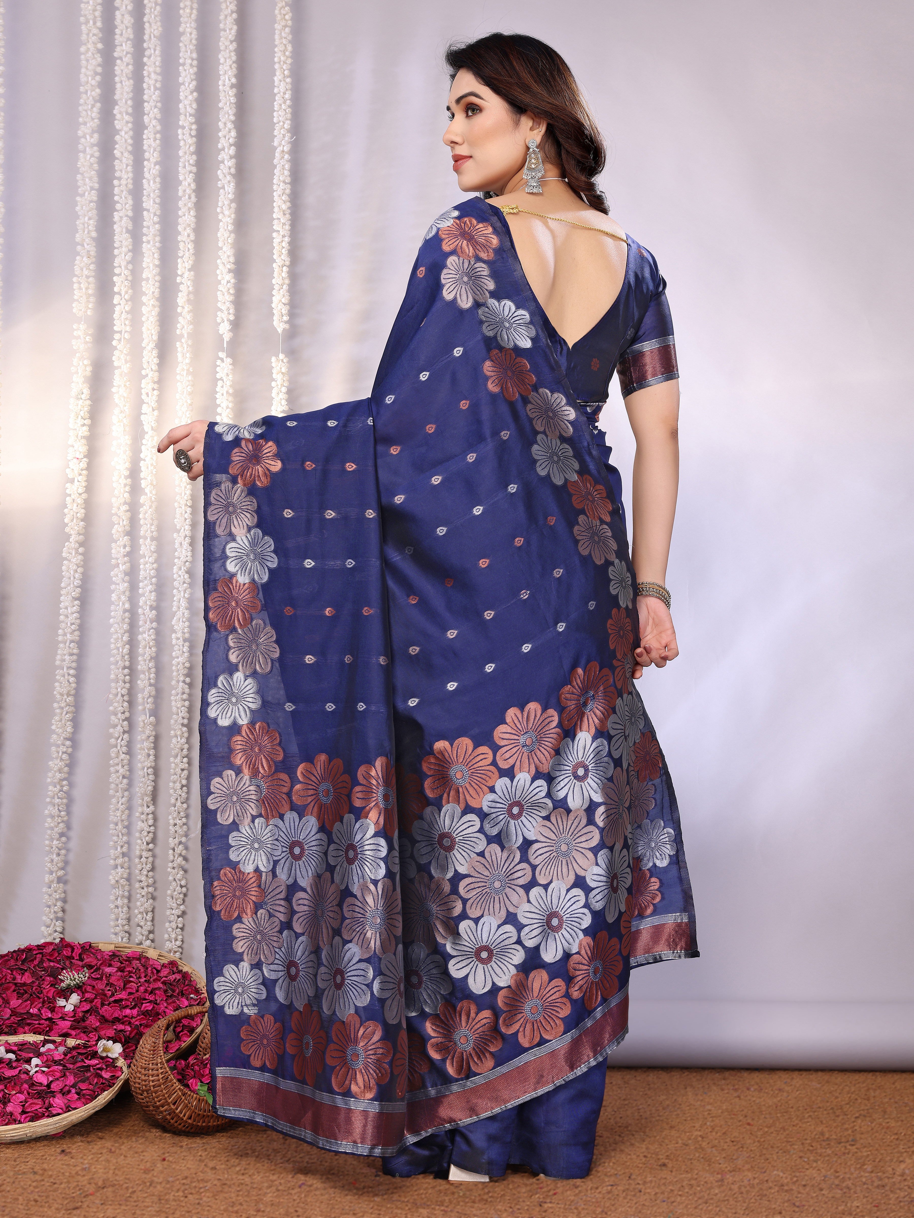 Elegant Navy Blue Floral Woven Saree