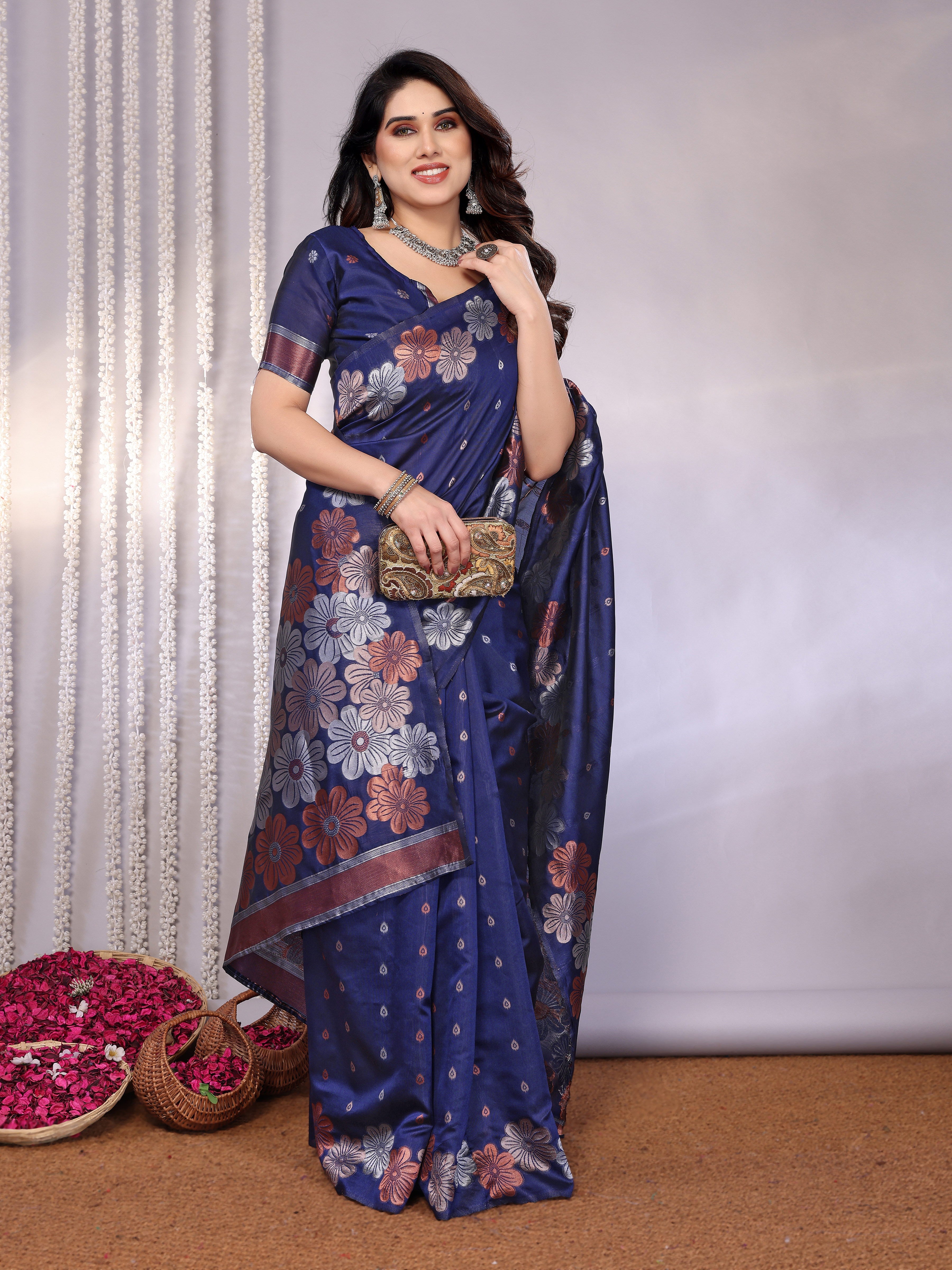 Elegant Navy Blue Floral Woven Saree