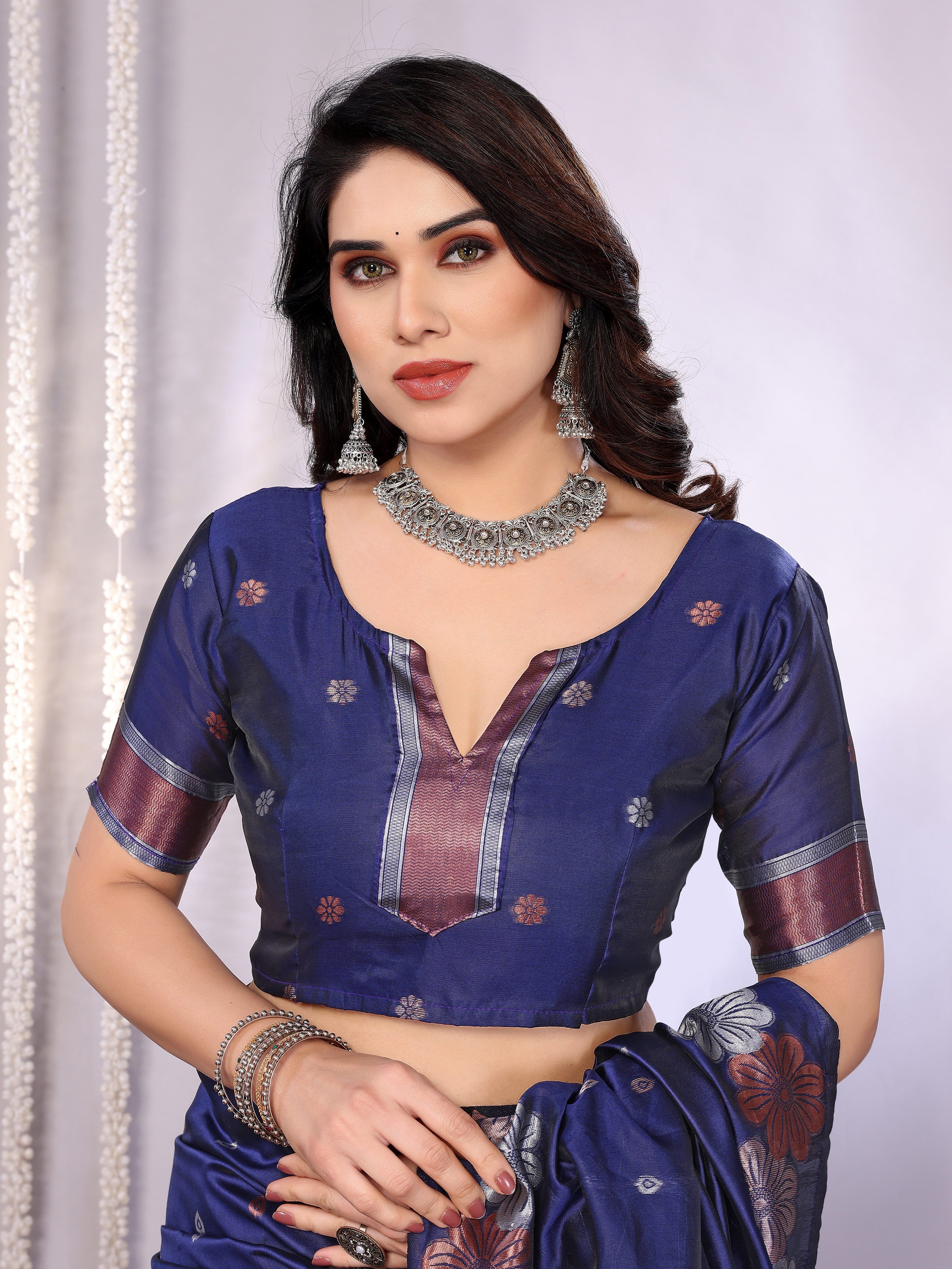 Elegant Navy Blue Floral Woven Saree