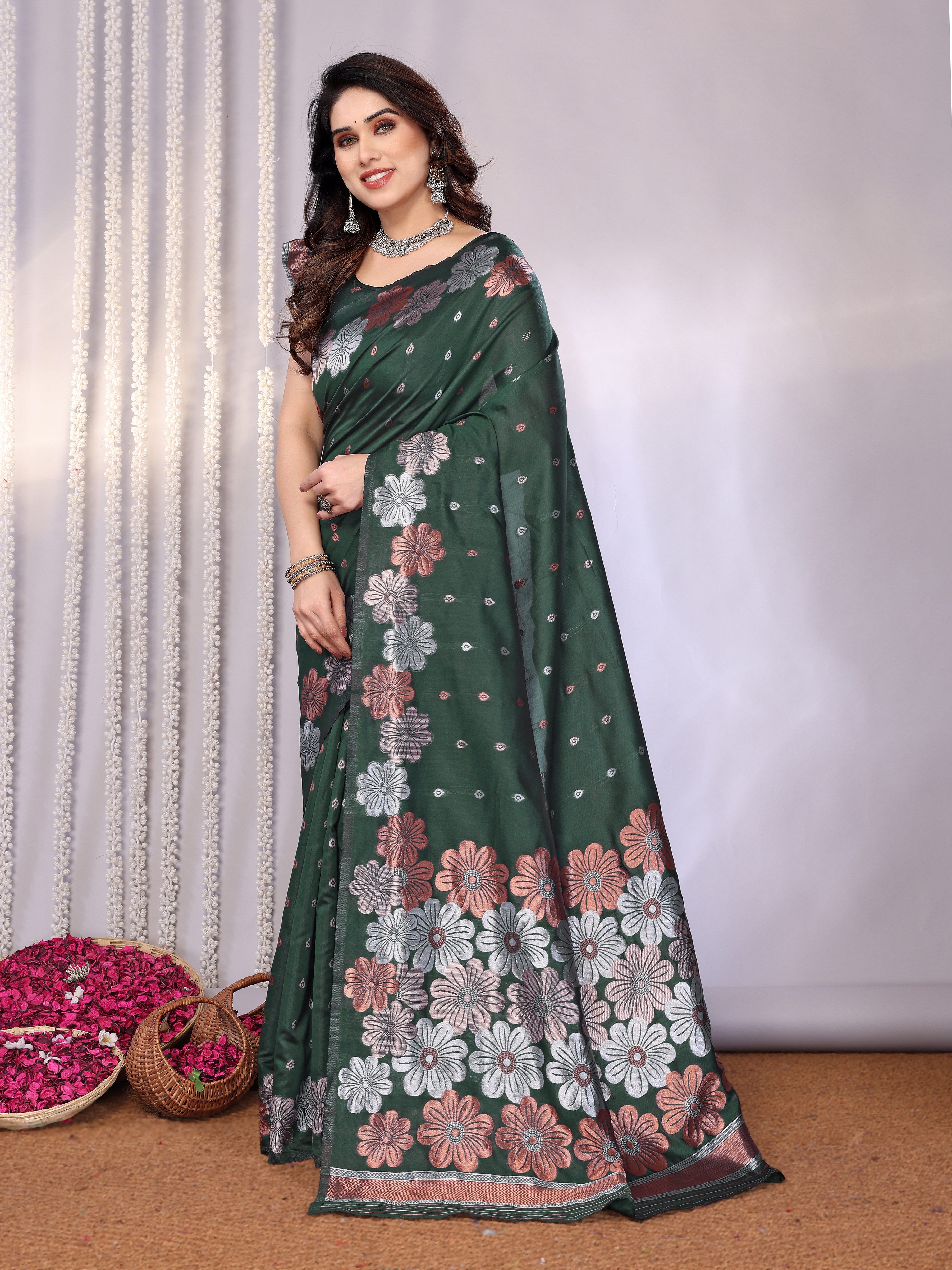 Graceful Bottle Green Floral Woven Saree