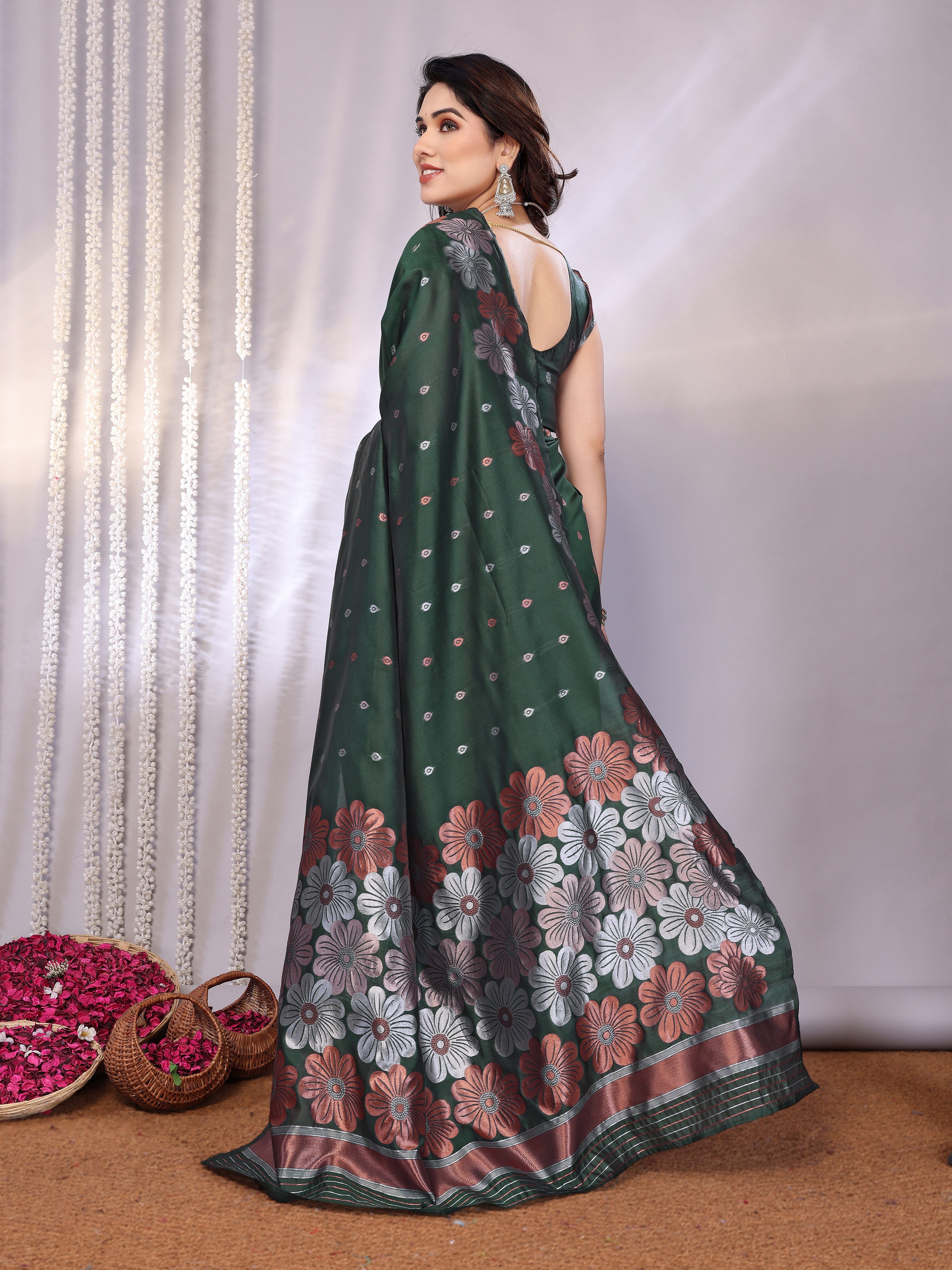 Graceful Bottle Green Floral Woven Saree