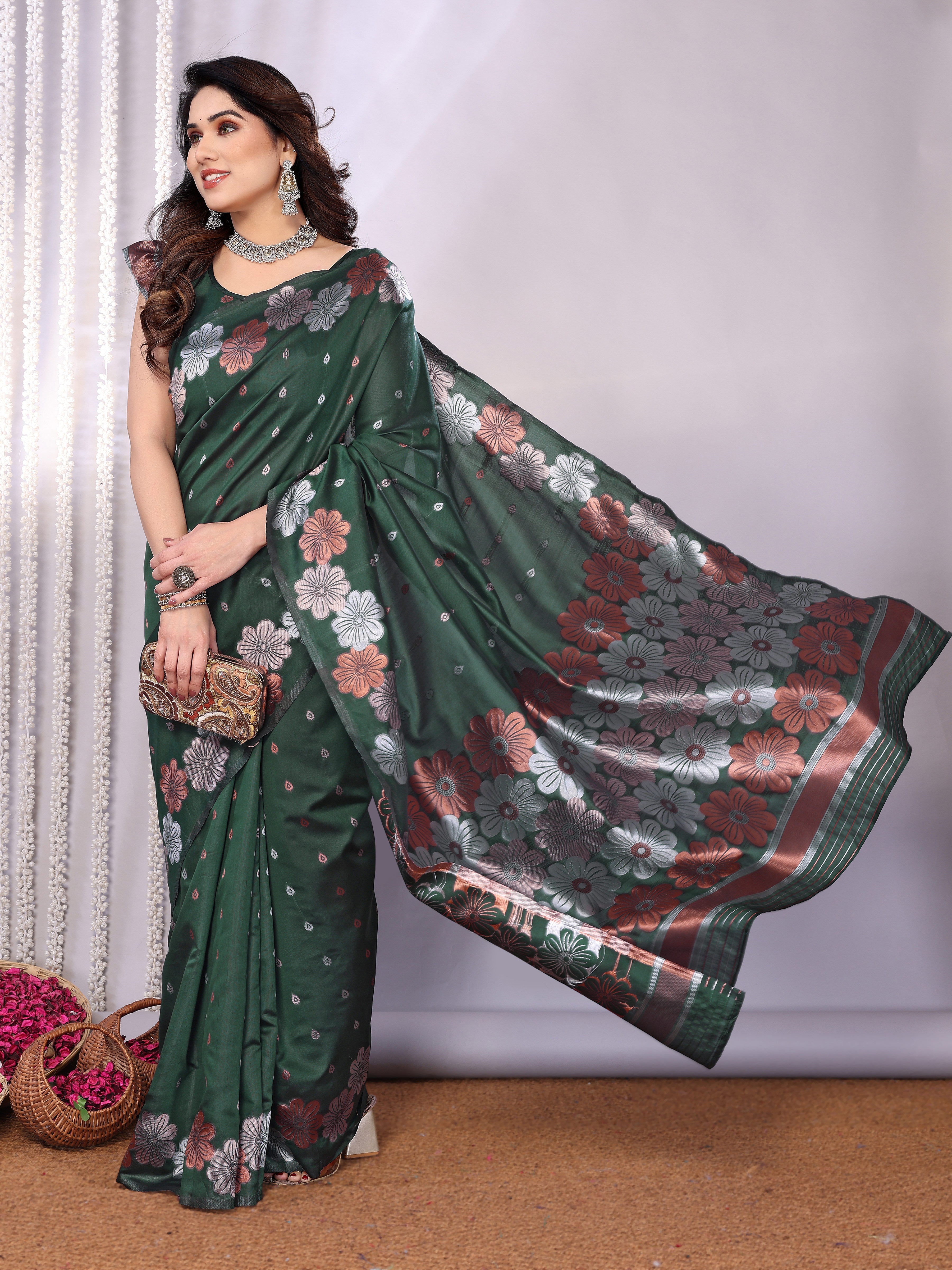 Graceful Bottle Green Floral Woven Saree
