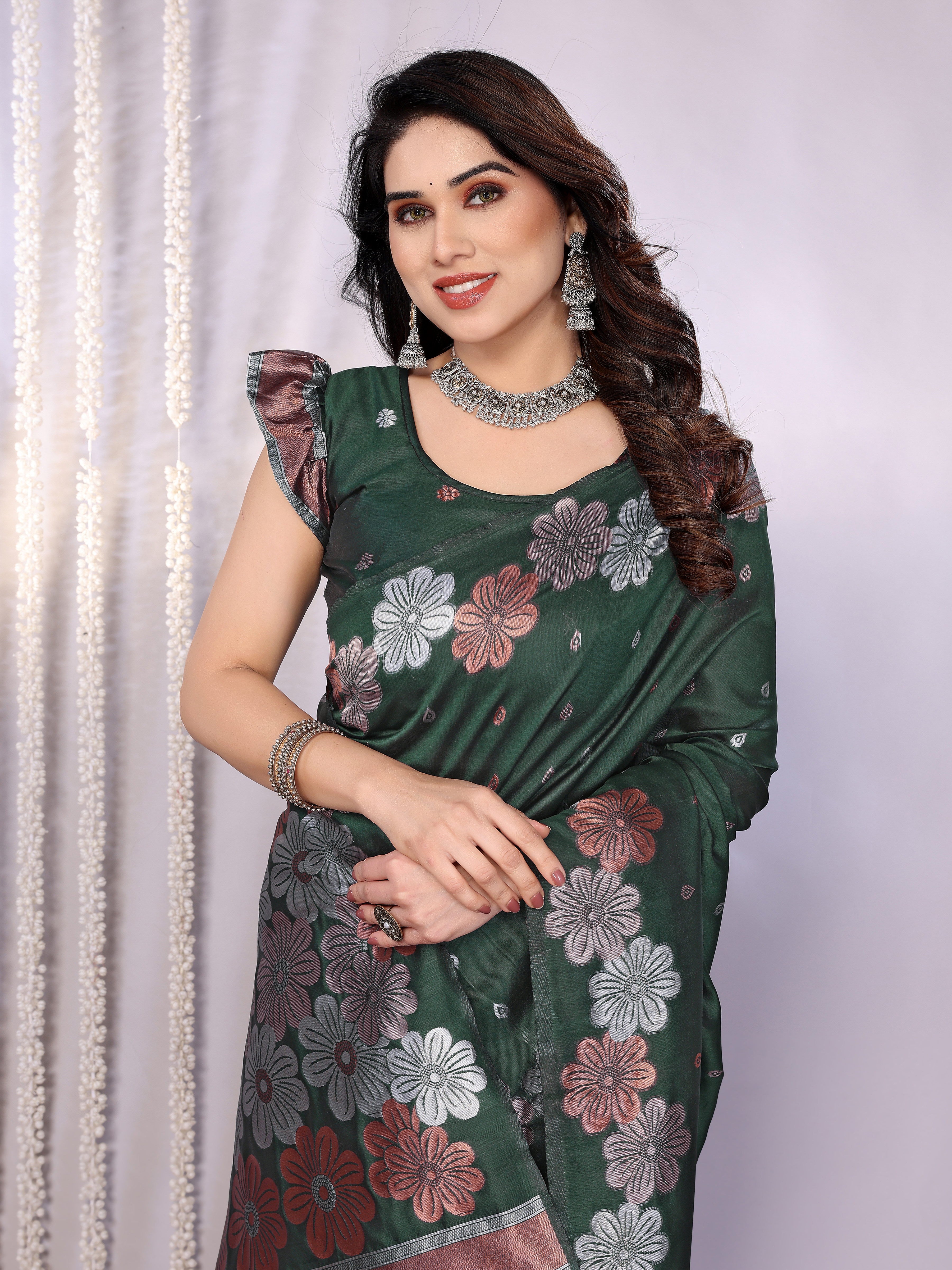 Graceful Bottle Green Floral Woven Saree