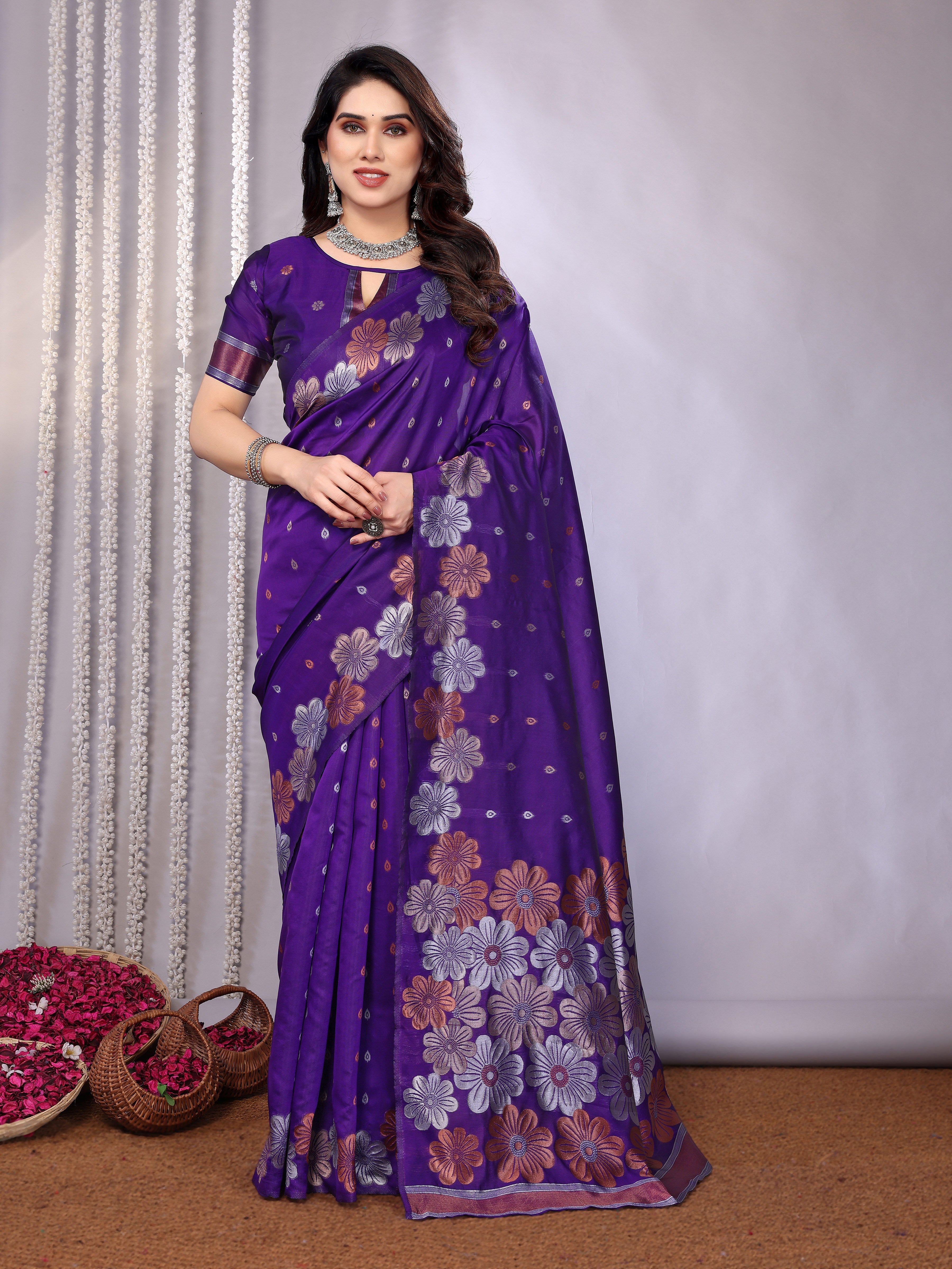 Royal Purple Floral Woven Saree