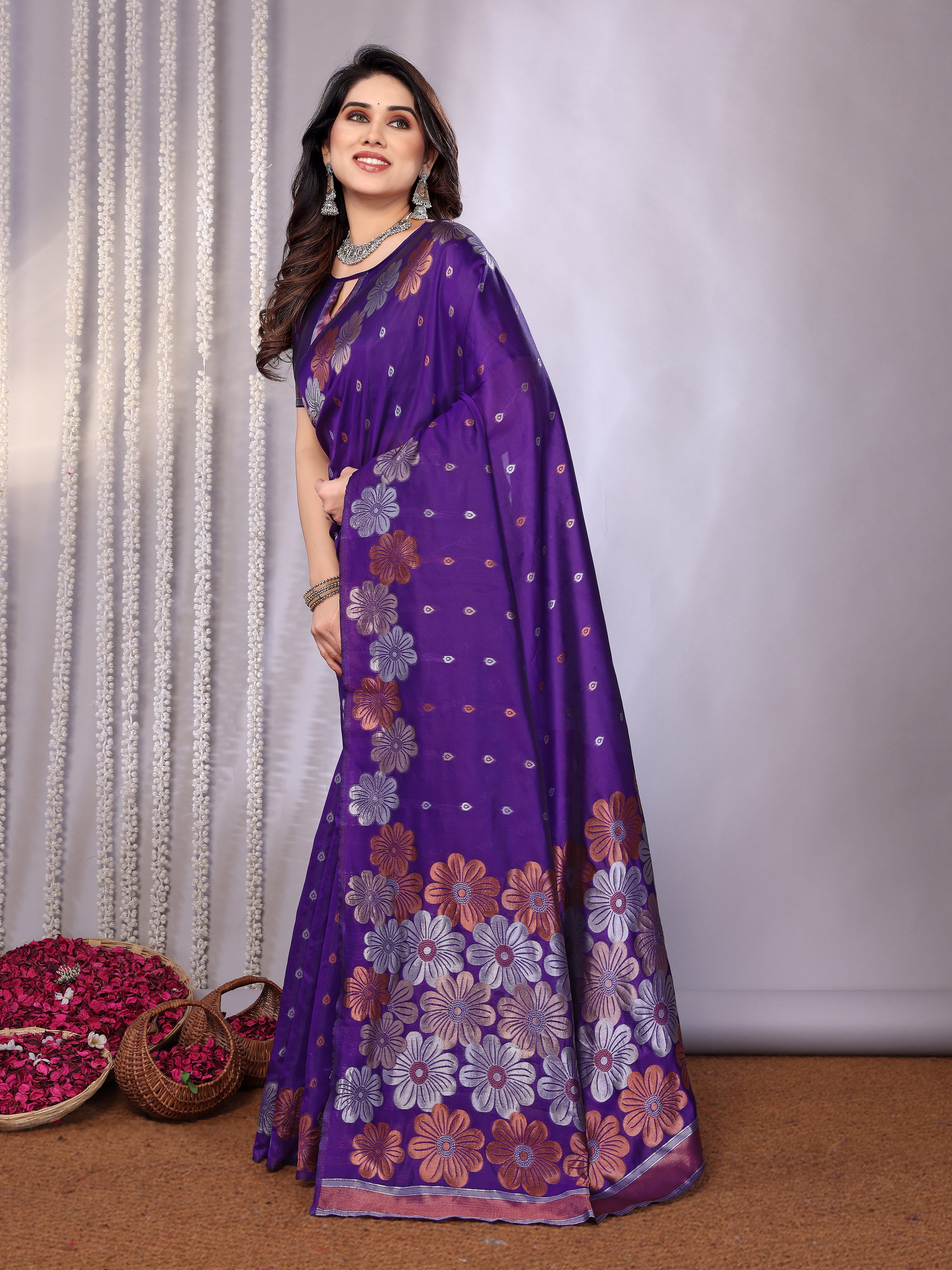 Royal Purple Floral Woven Saree