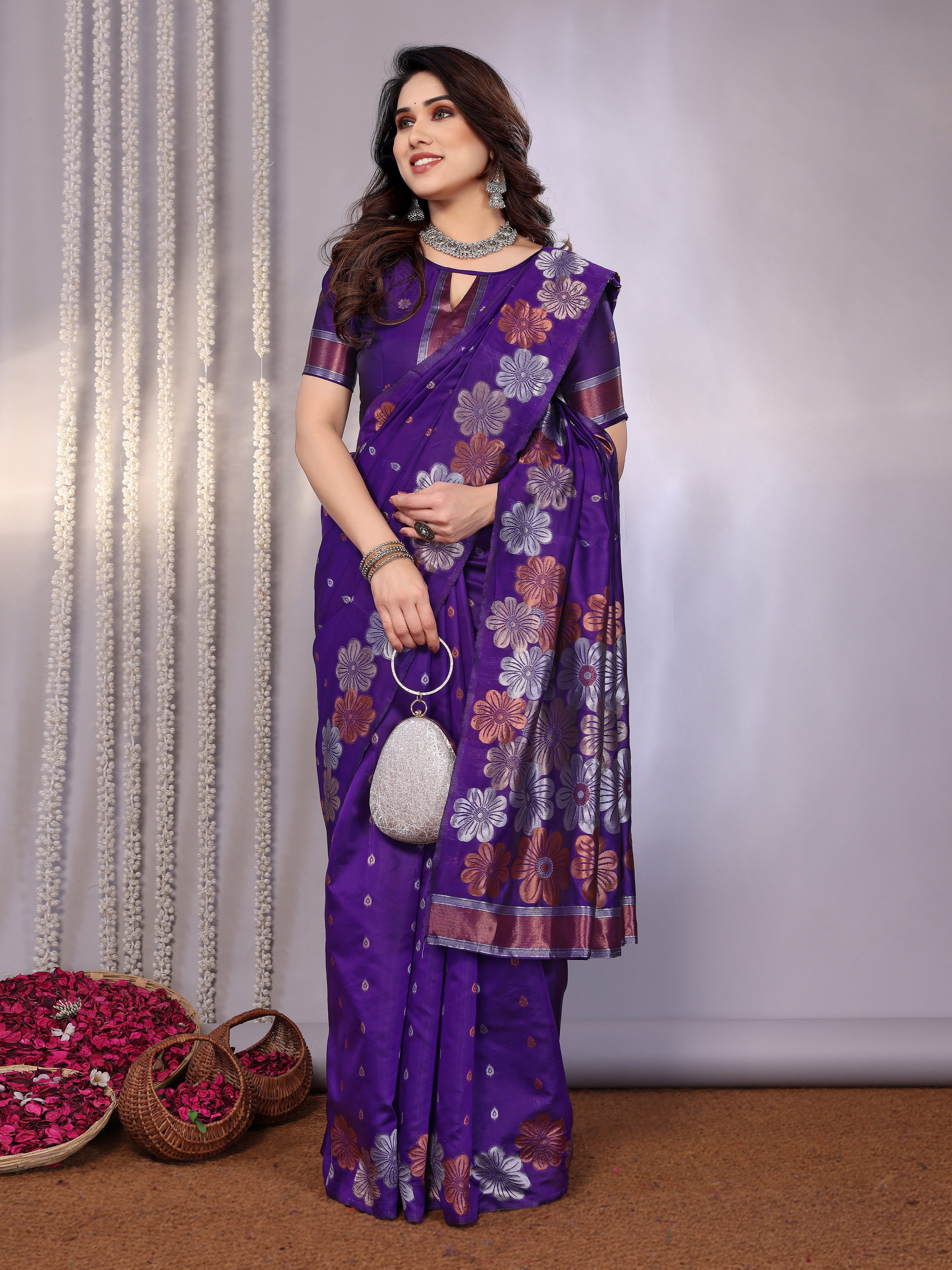 Royal Purple Floral Woven Saree
