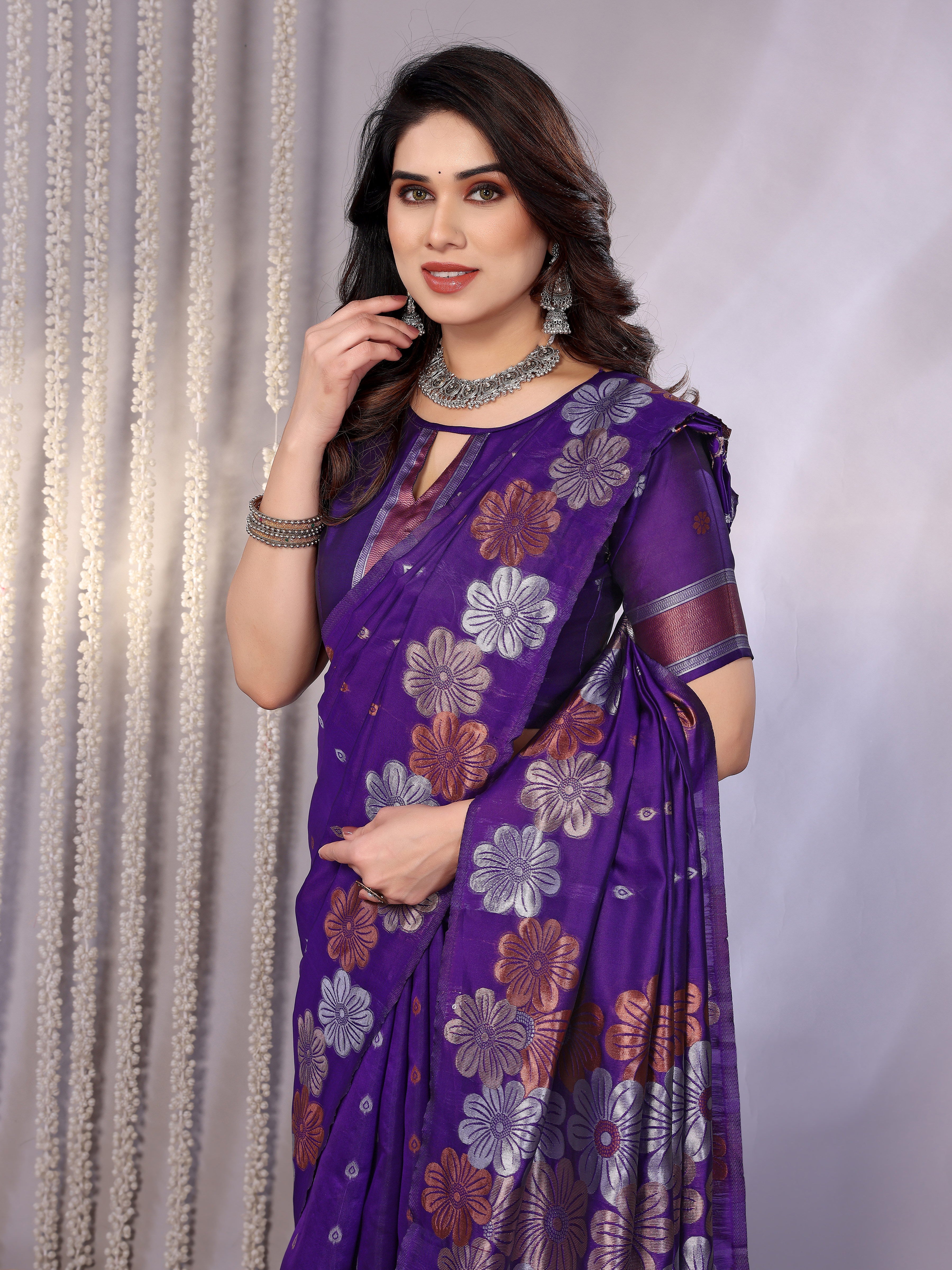 Royal Purple Floral Woven Saree