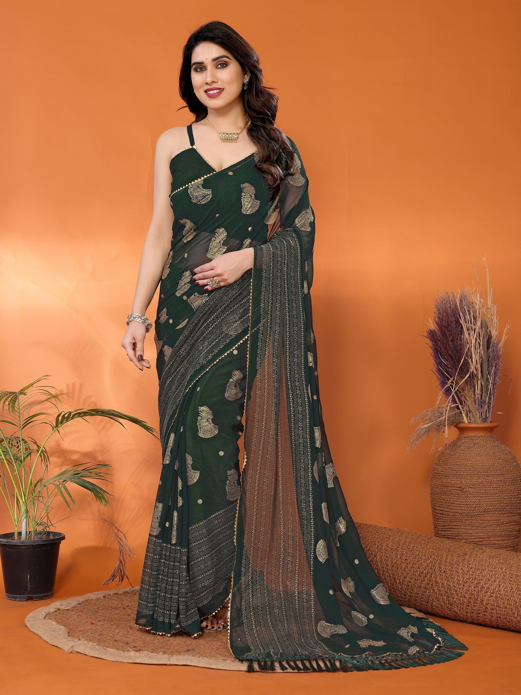 Elegant Dark Green Georgette Saree with Golden Paisley Work