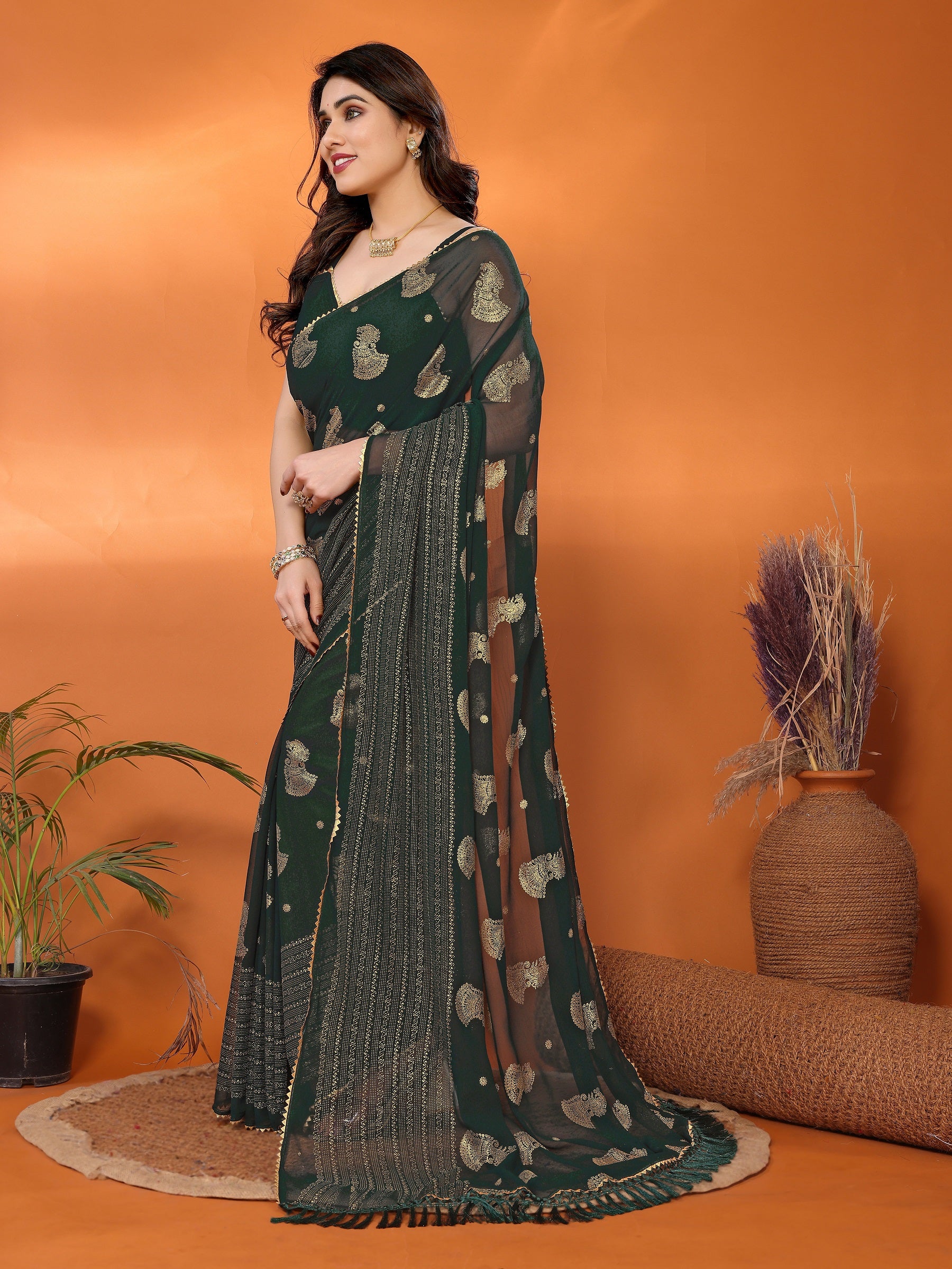 Elegant Dark Green Georgette Saree with Golden Paisley Work