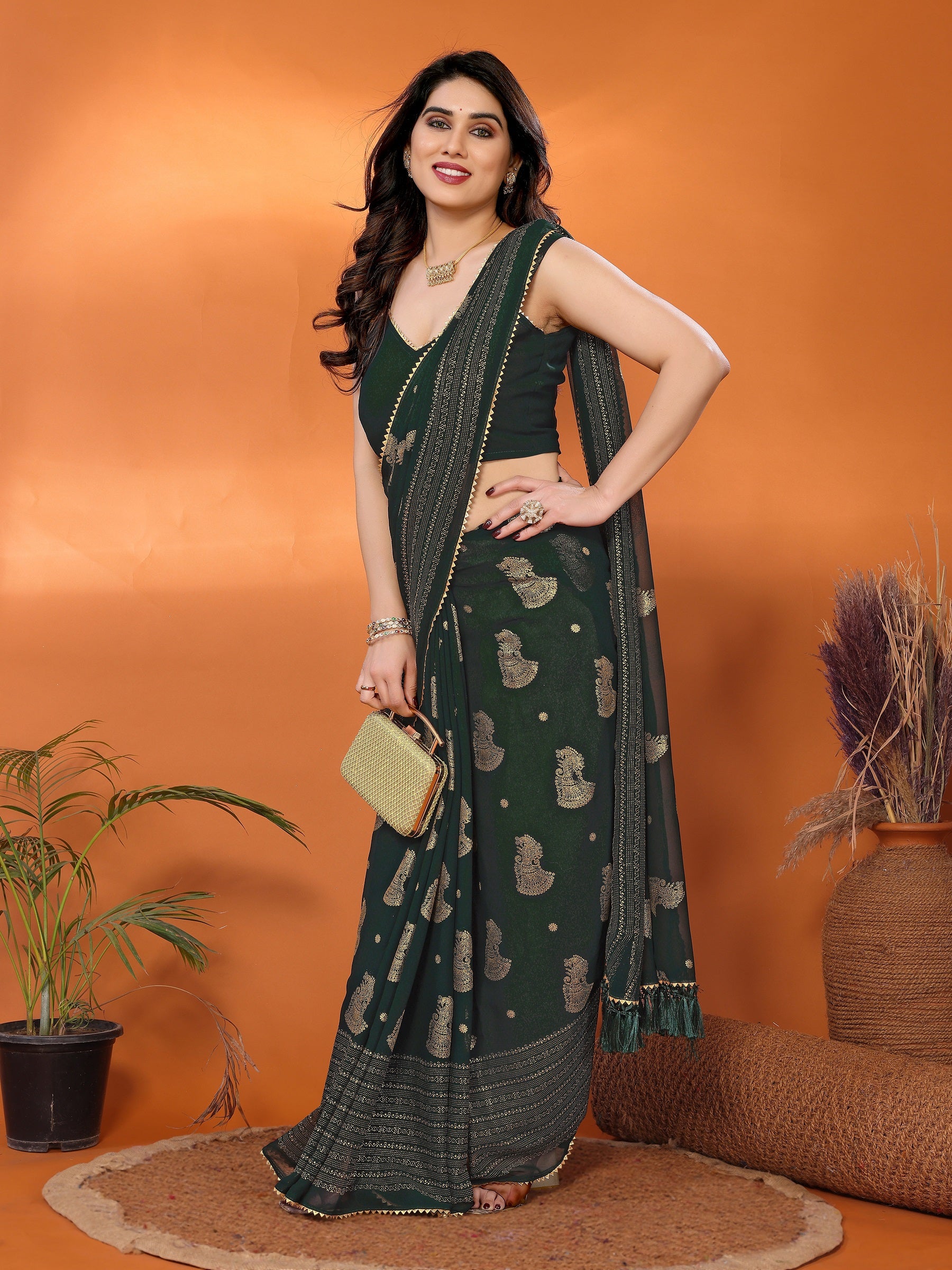 Elegant Dark Green Georgette Saree with Golden Paisley Work
