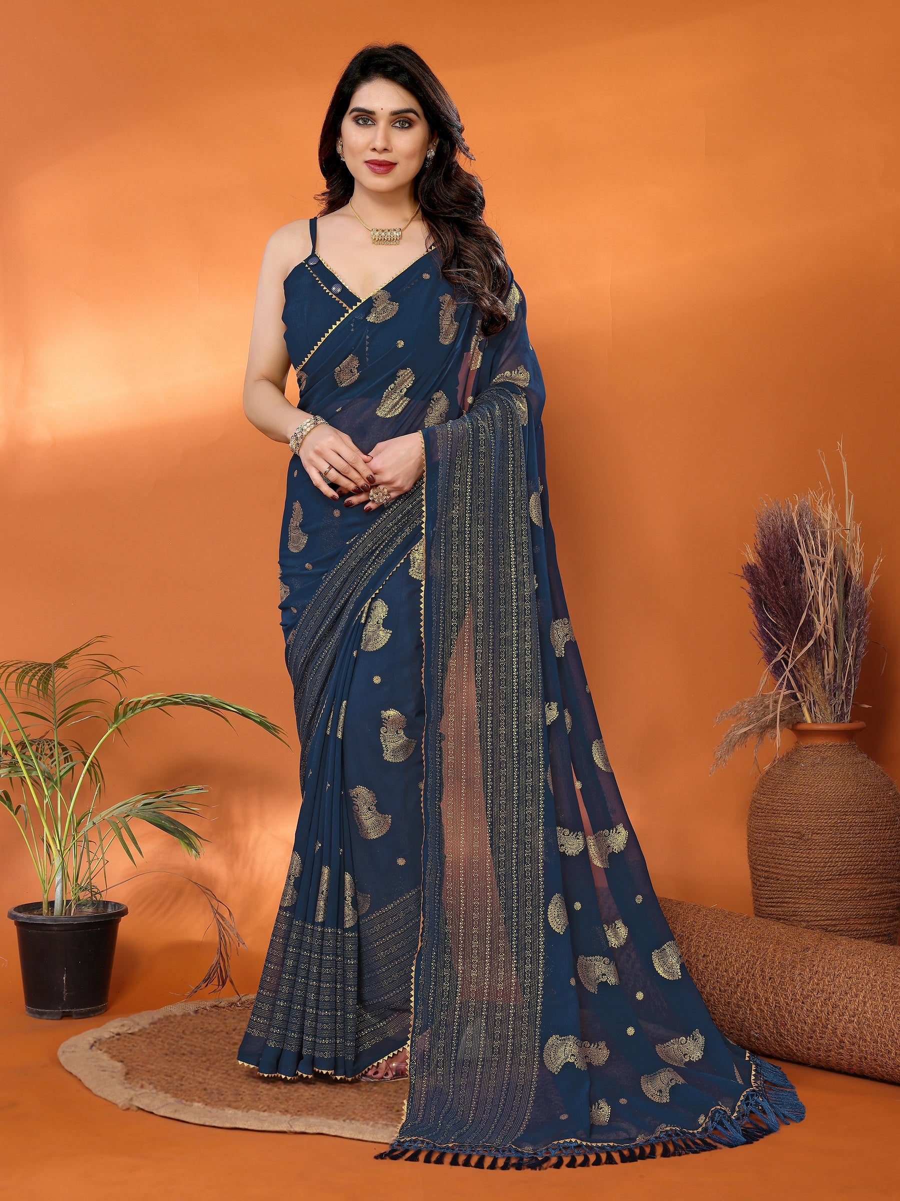 Navy Blue Georgette Saree with Golden Zari Paisley Work