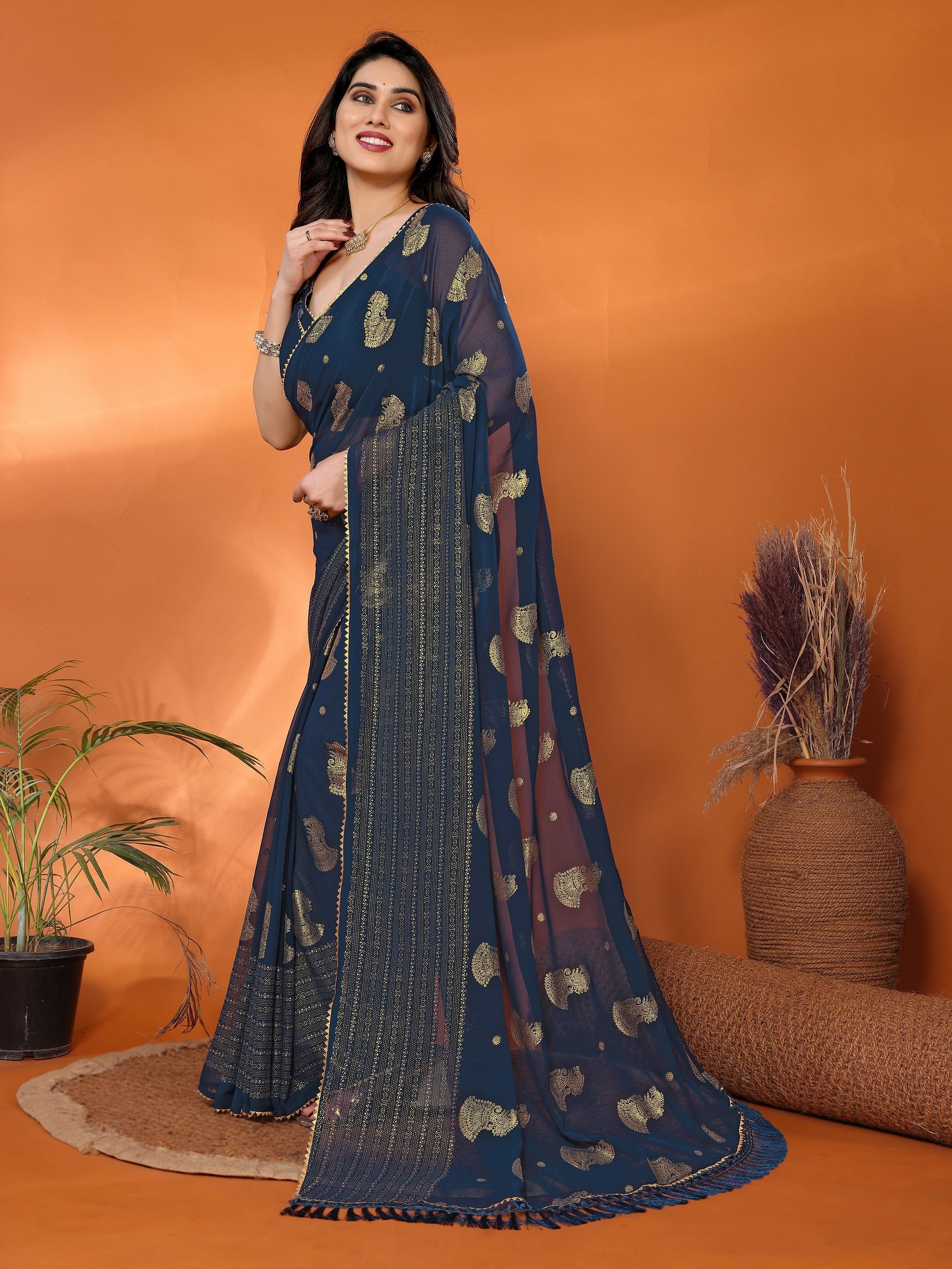 Navy Blue Georgette Saree with Golden Zari Paisley Work