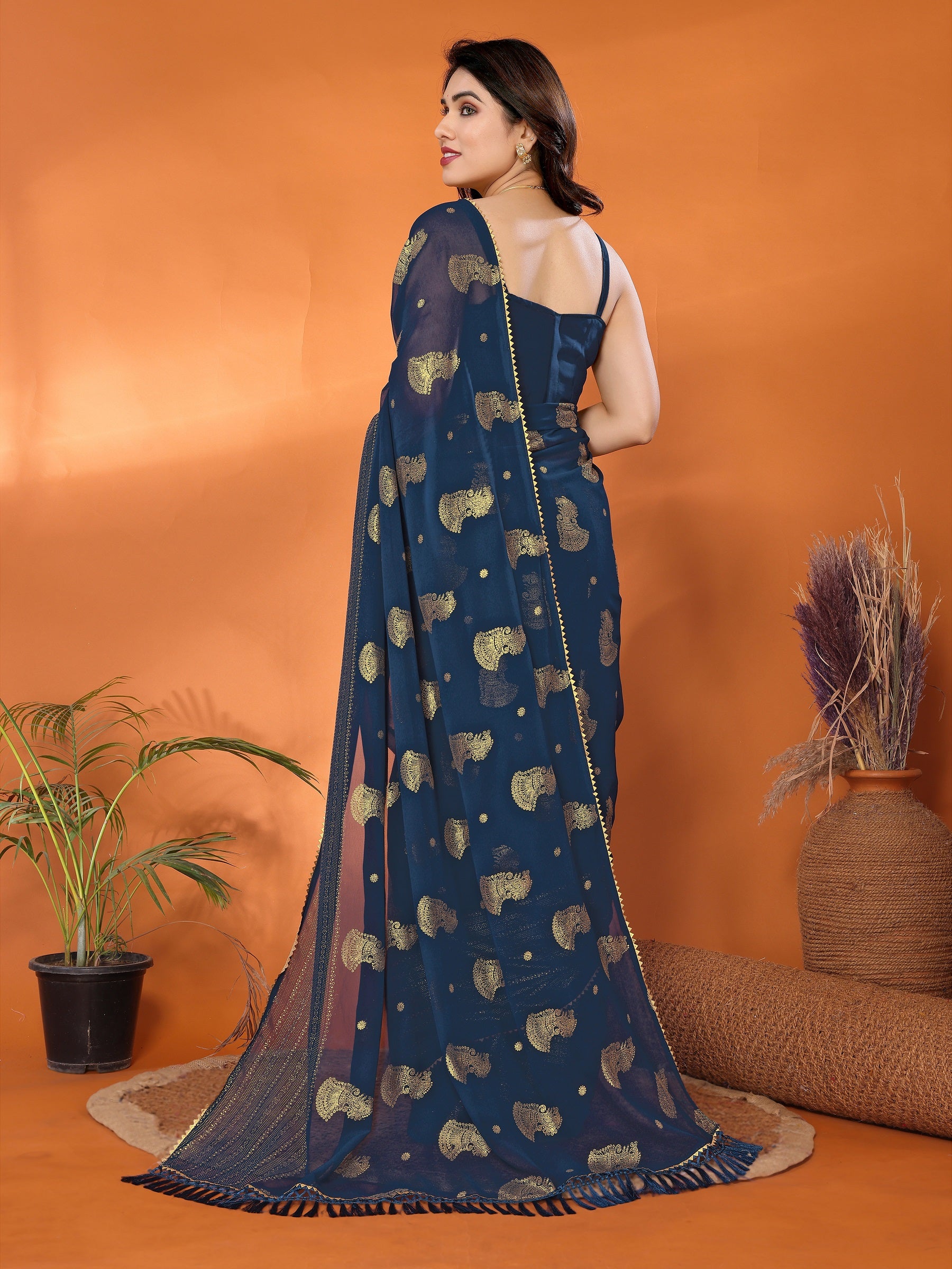 Navy Blue Georgette Saree with Golden Zari Paisley Work