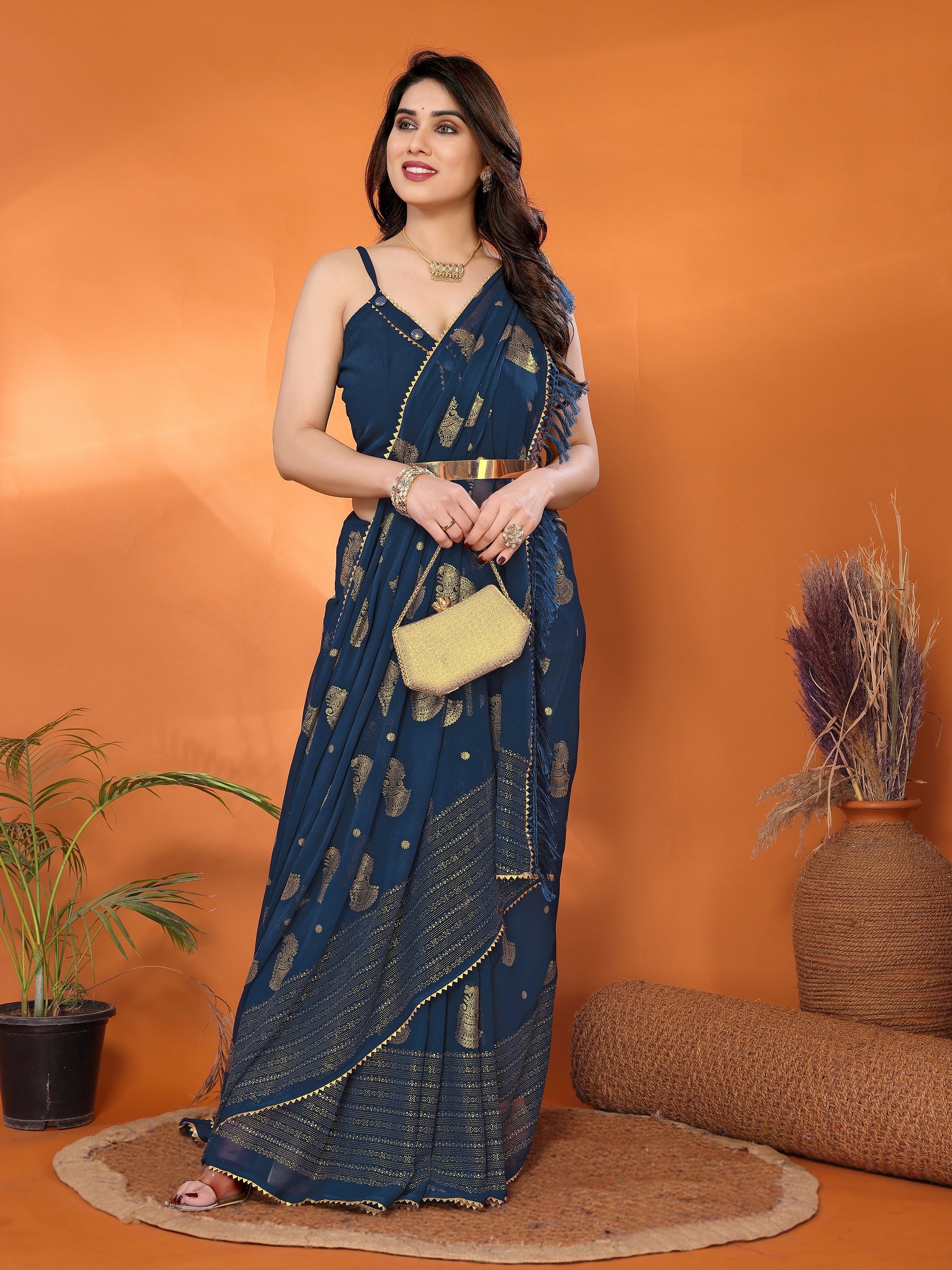 Navy Blue Georgette Saree with Golden Zari Paisley Work